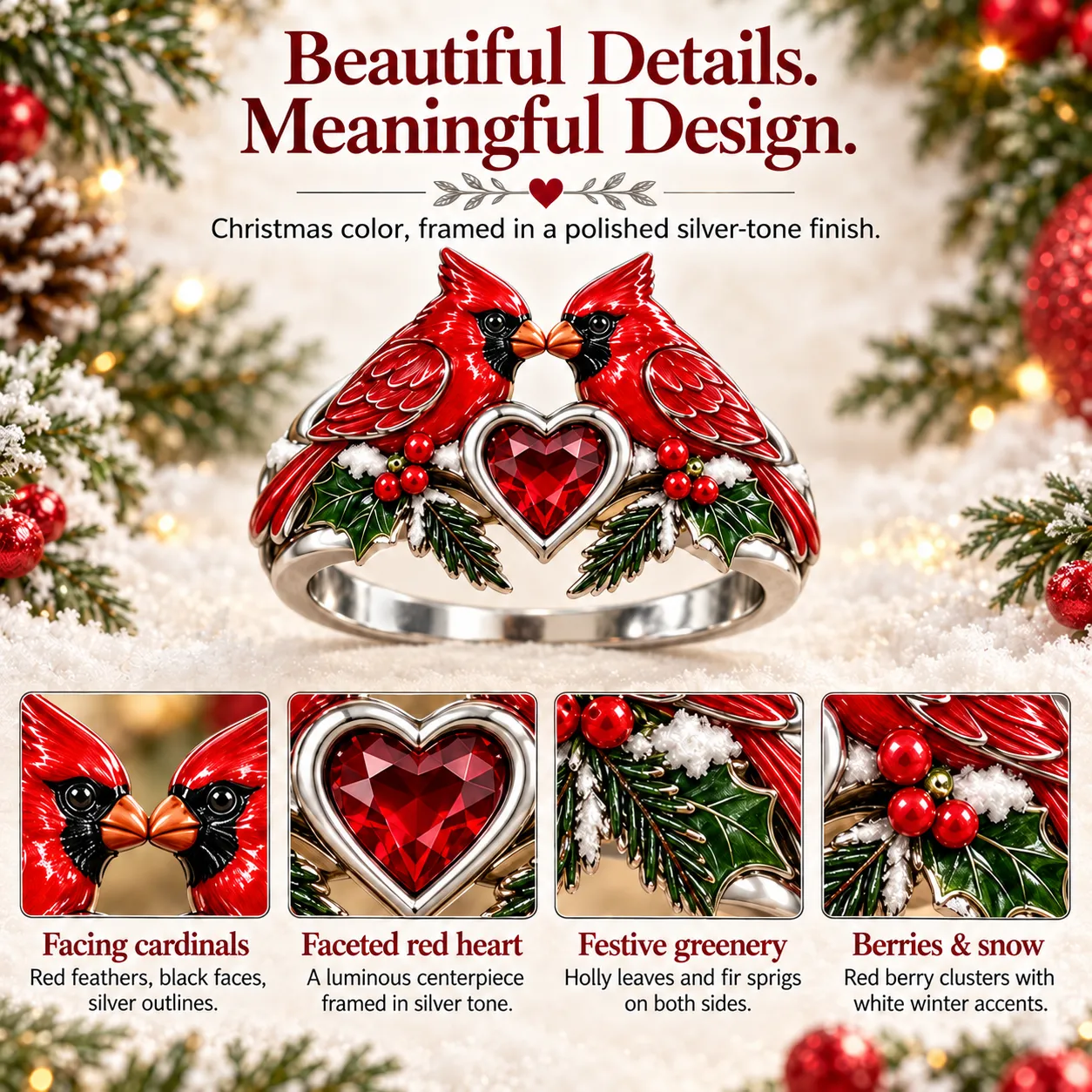 Full ring and close-up views of the facing red cardinals, faceted heart, holly, fir sprigs, berries and snowy accents
