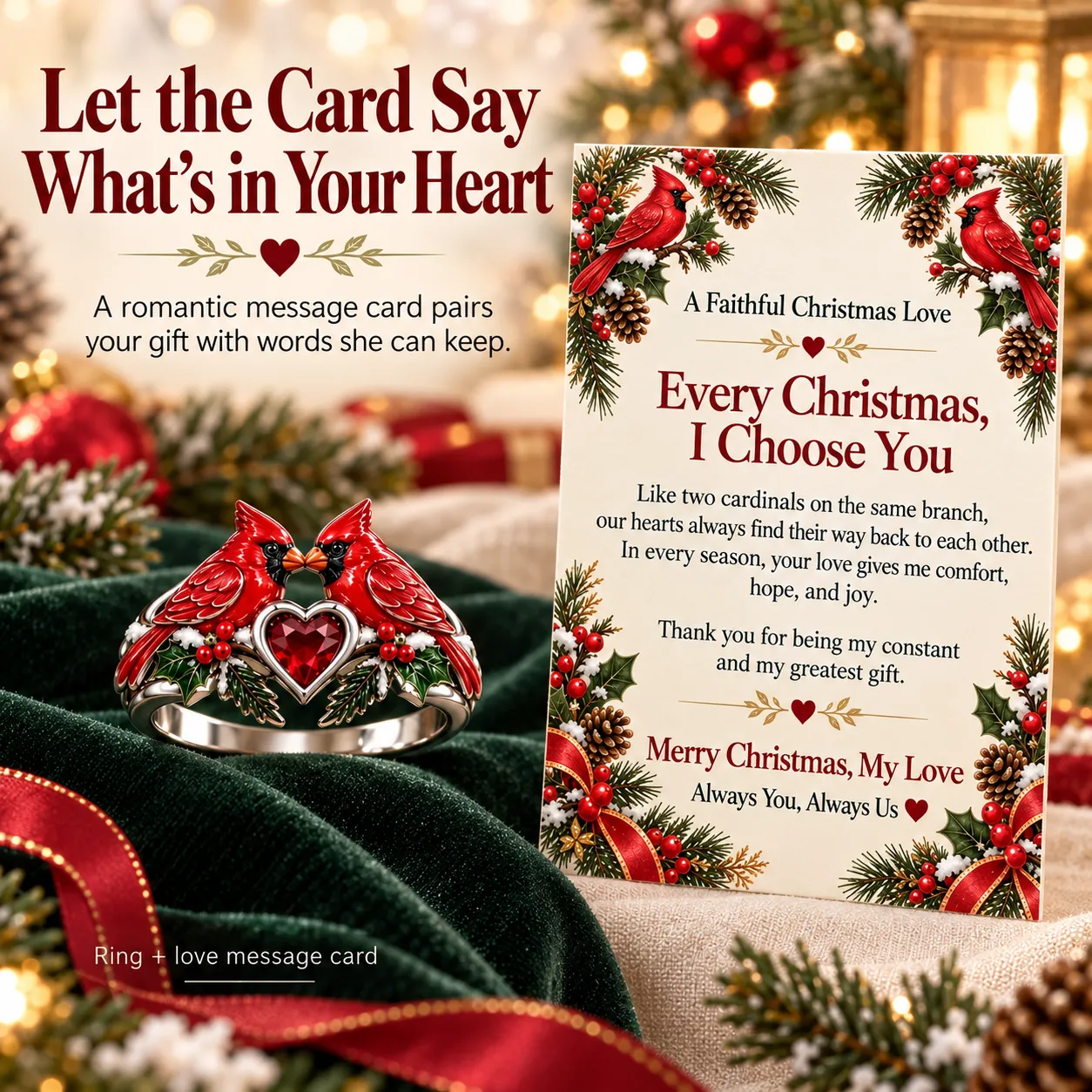 Cardinal heart ring displayed next to the included Christmas love message card