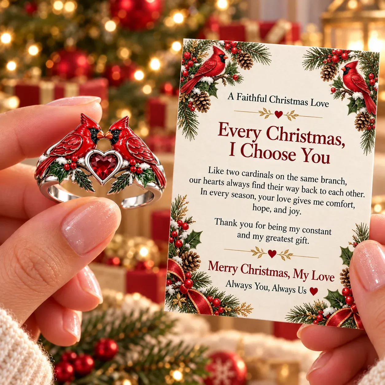 Hands holding the red cardinal heart ring and its matching Christmas love message card