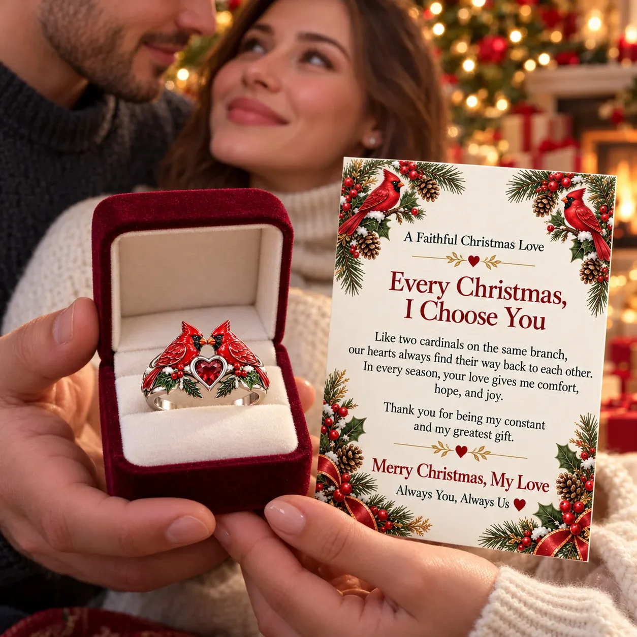 A couple in a Christmas setting with the ring and love message card in the foreground