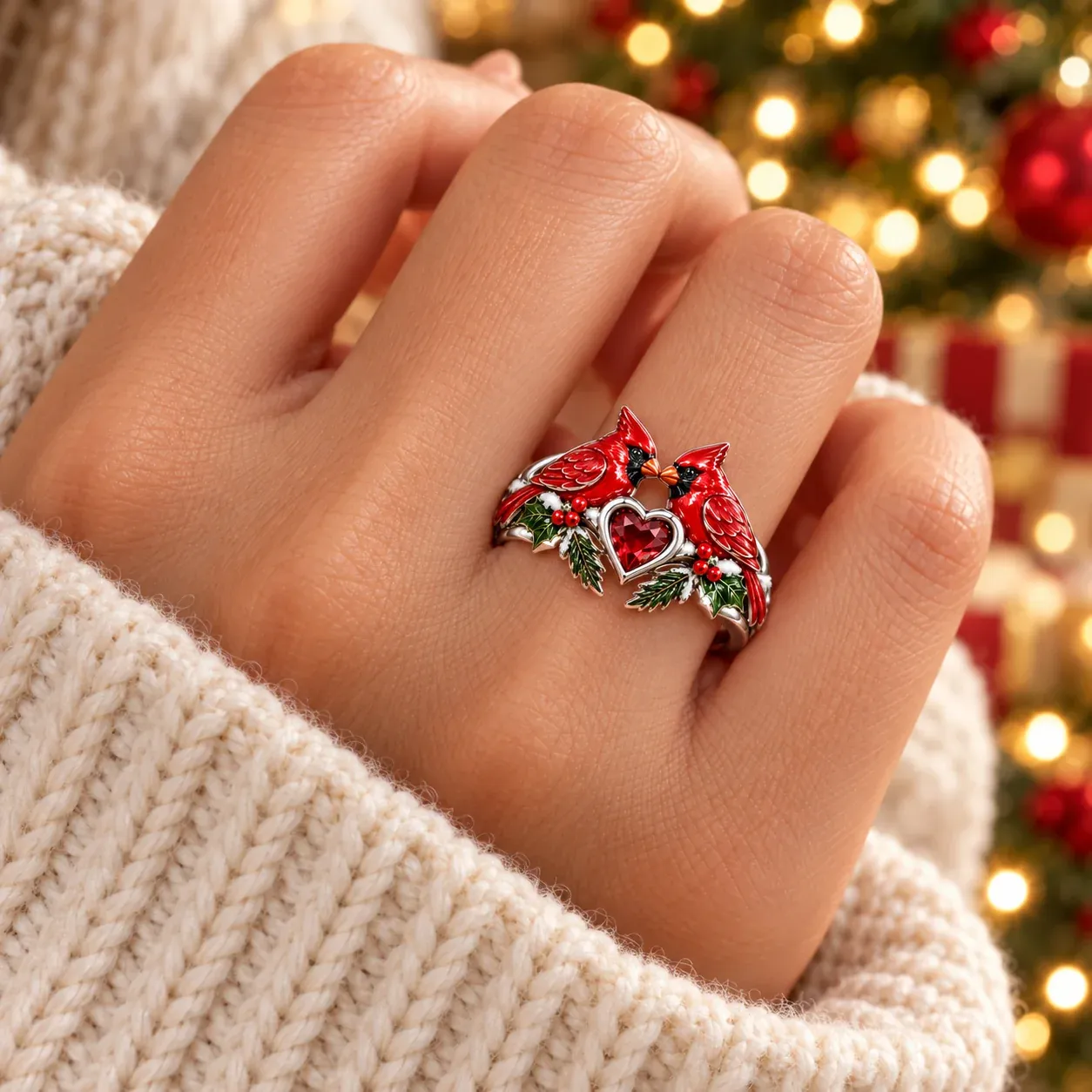 Two Cardinal Heart Christmas Ring worn on a hand with cream winter knitwear