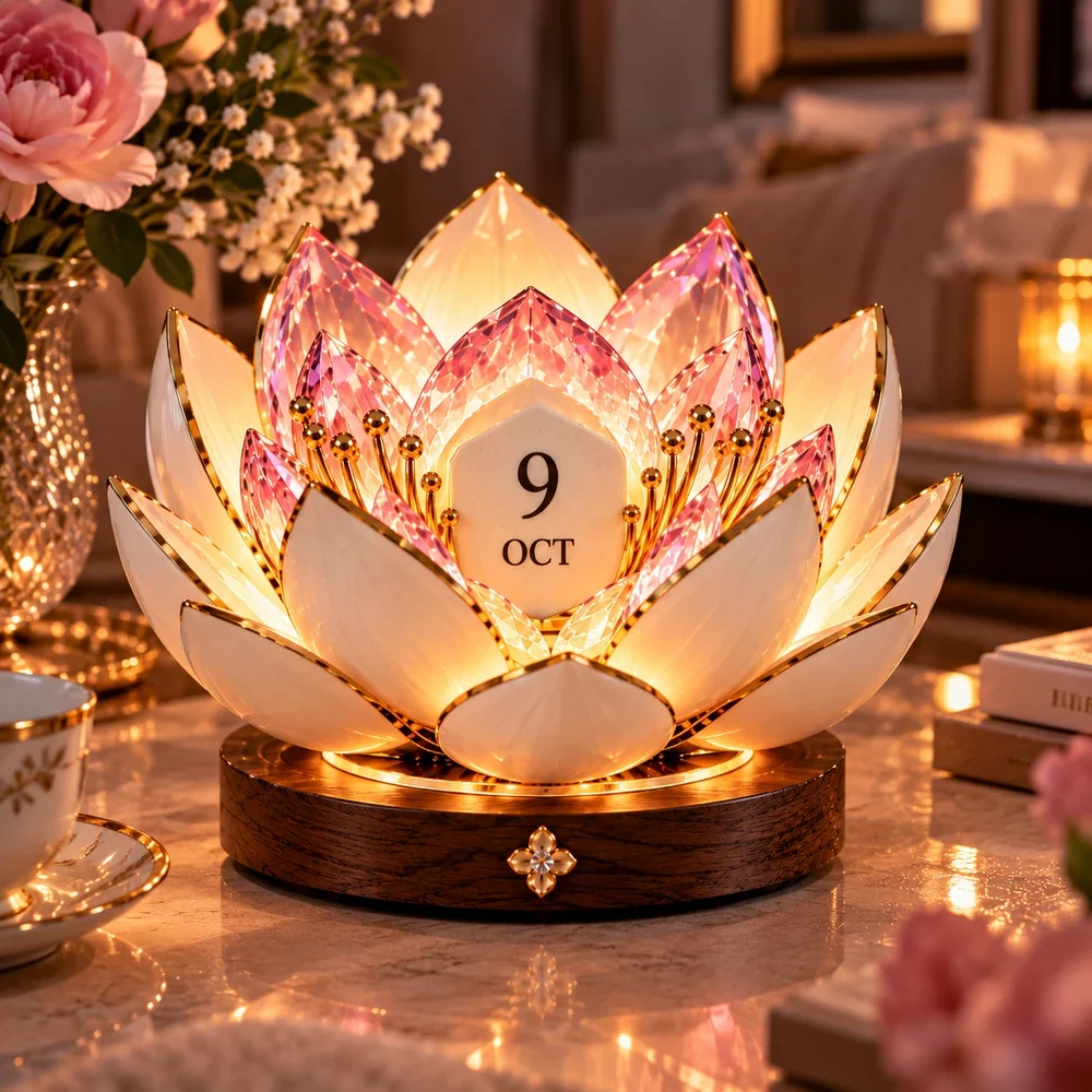 It illuminated lotus calendar displayed in a warm home setting