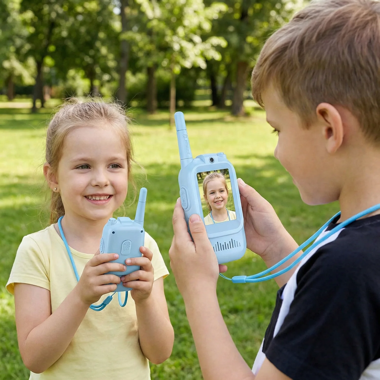 Children using kids video walkie talkies outdoors
