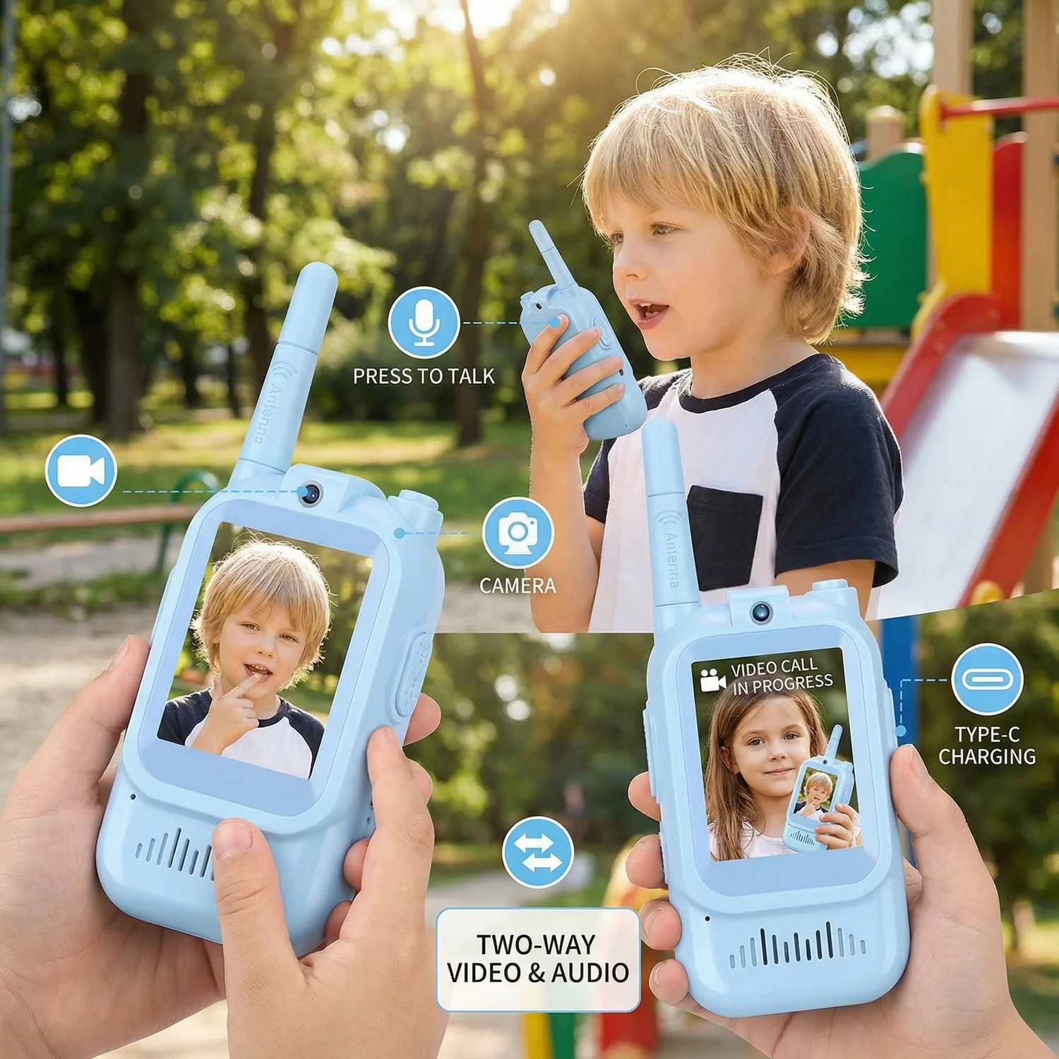 Kids video walkie talkie controls and Type-C charging