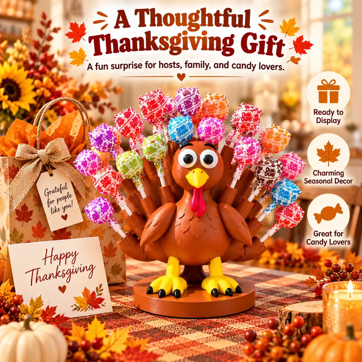Thanksgiving turkey lollipop holder filled with colorful candy