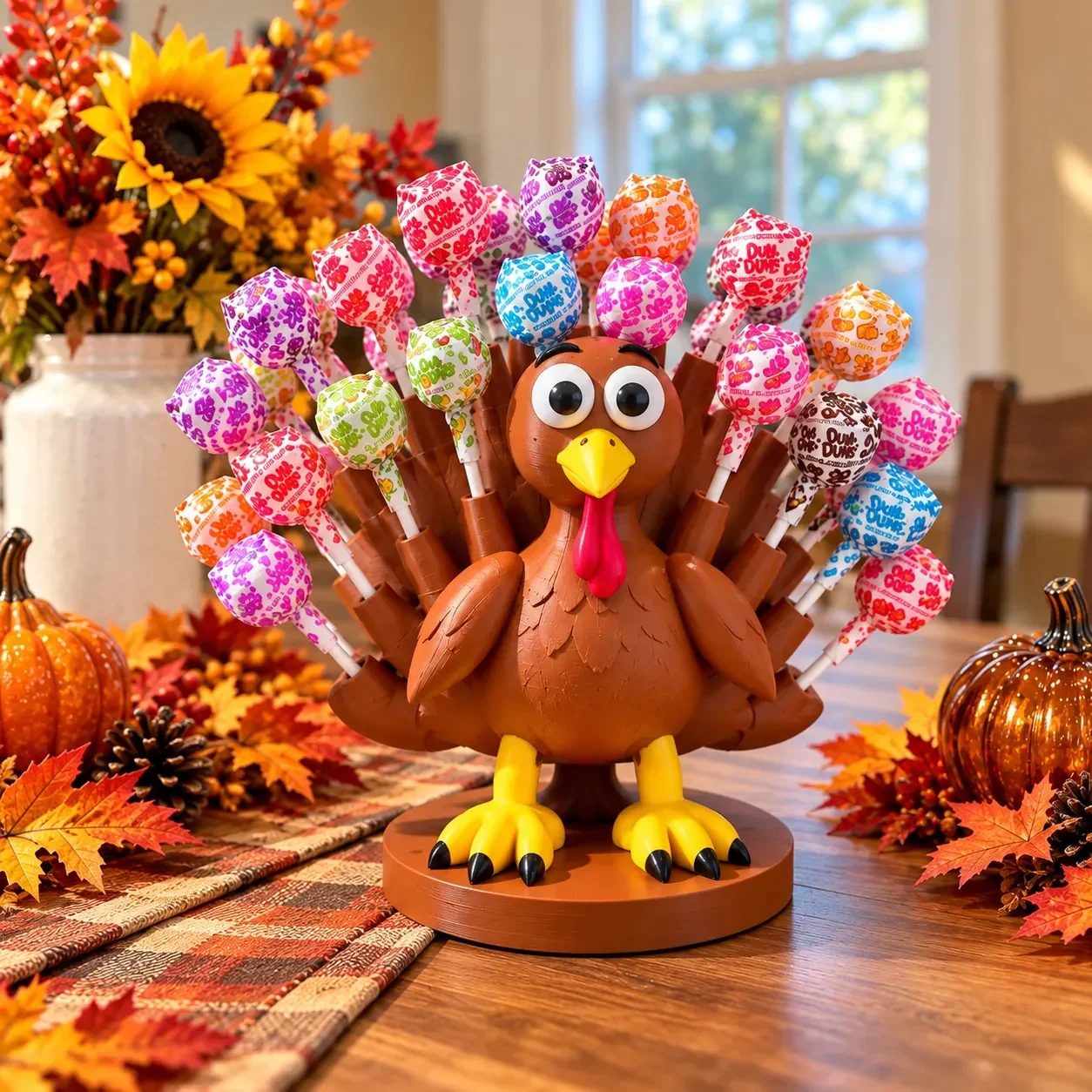 Turkey lollipop holder on a Thanksgiving table