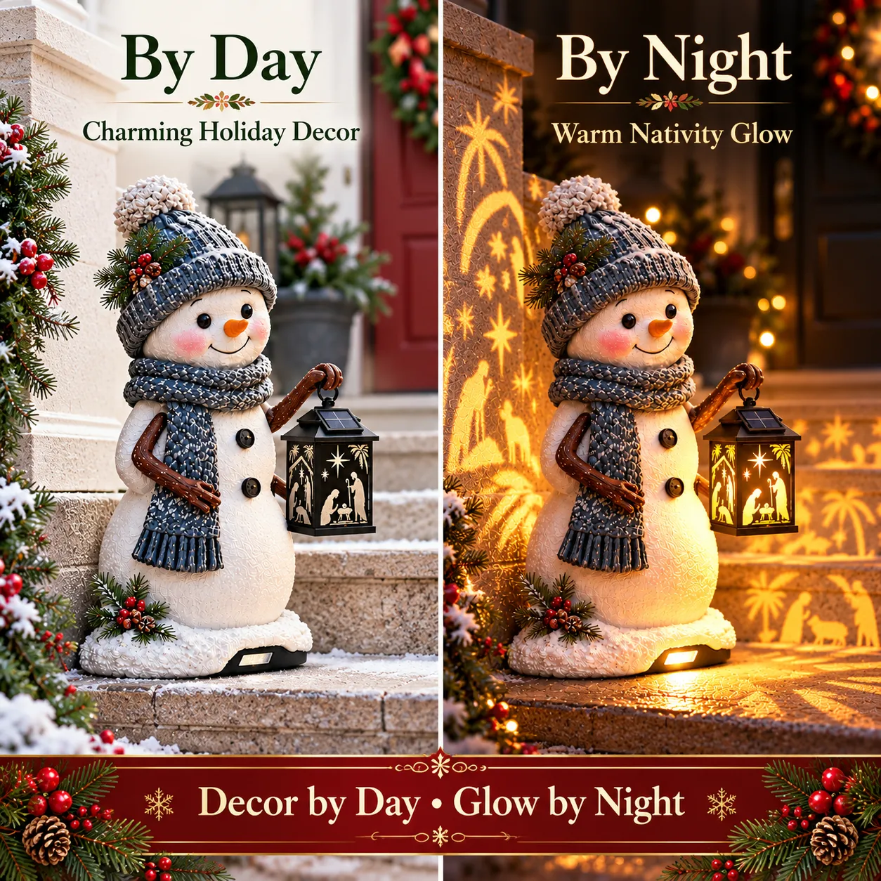 Snowman Nativity Glow decorative light in a Christmas setting