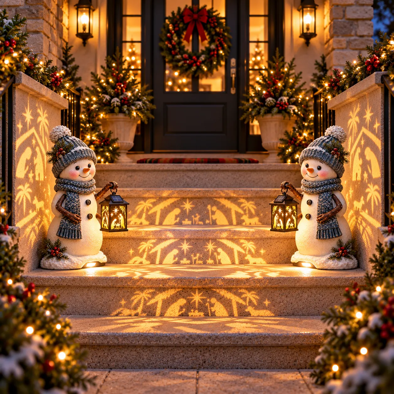 Christmas decorations arranged as a pair beside front steps