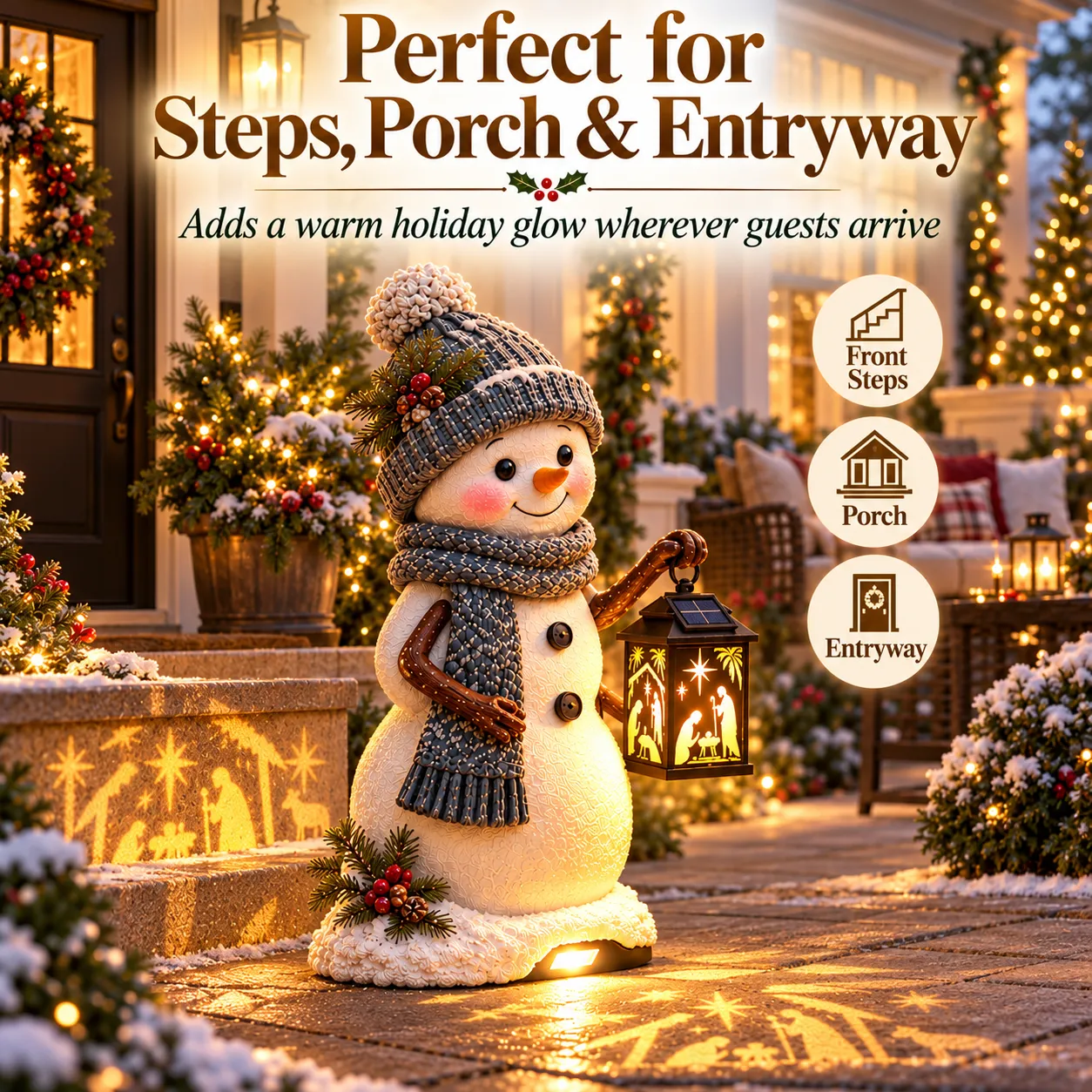 Christmas snowman decoration styled for a festive porch