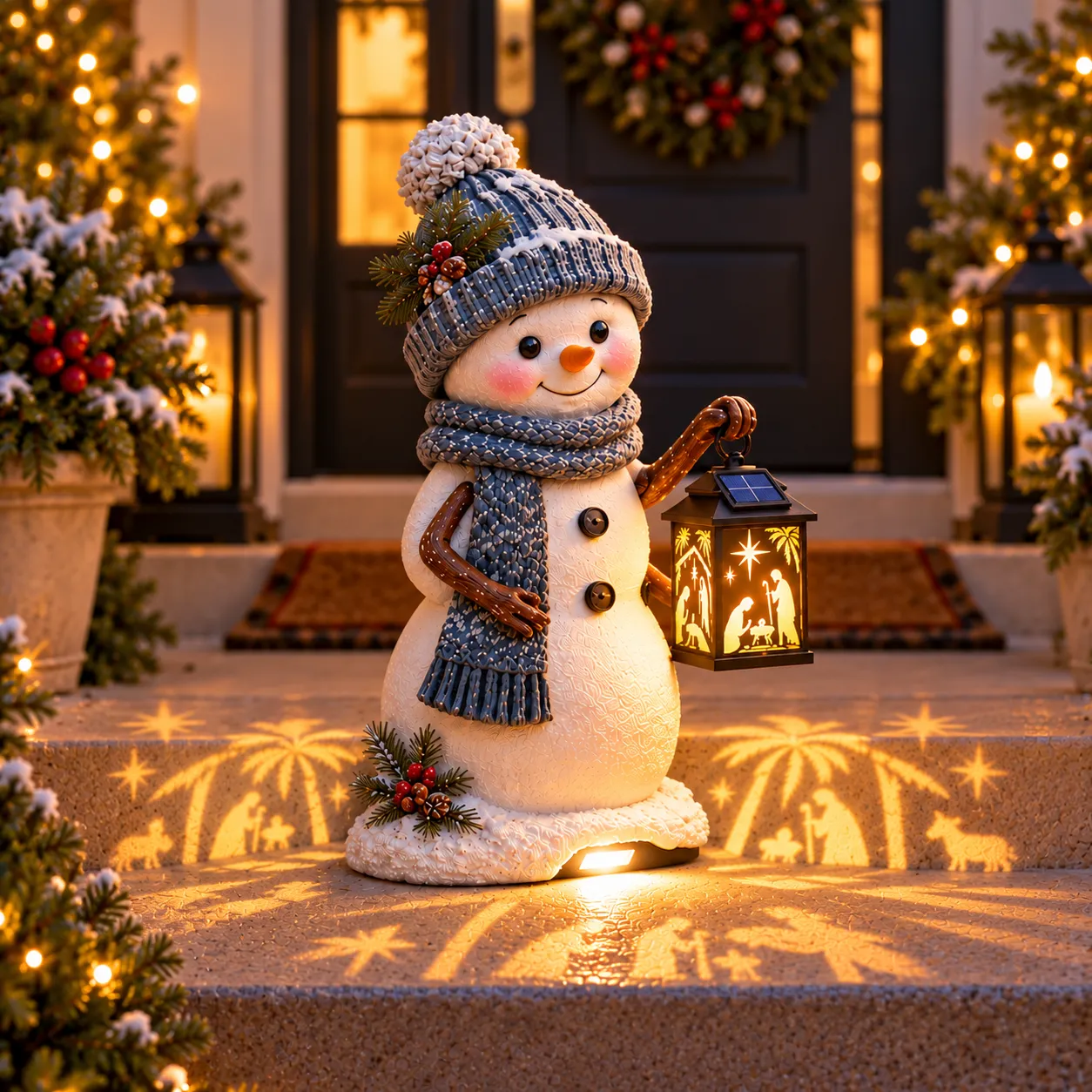 Snowman Christmas decorative light in an evening setting