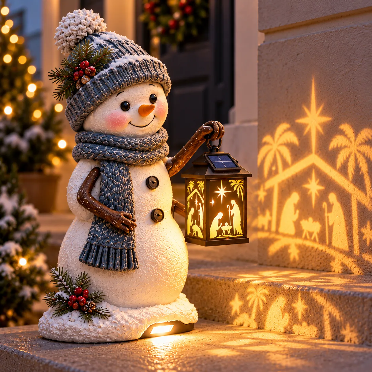 Nativity-inspired lantern detail on Christmas snowman