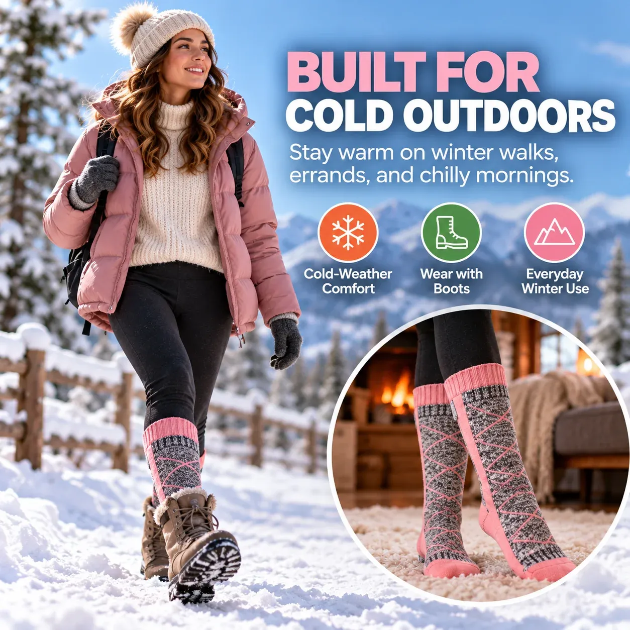 Rechargeable heated socks worn with winter boots