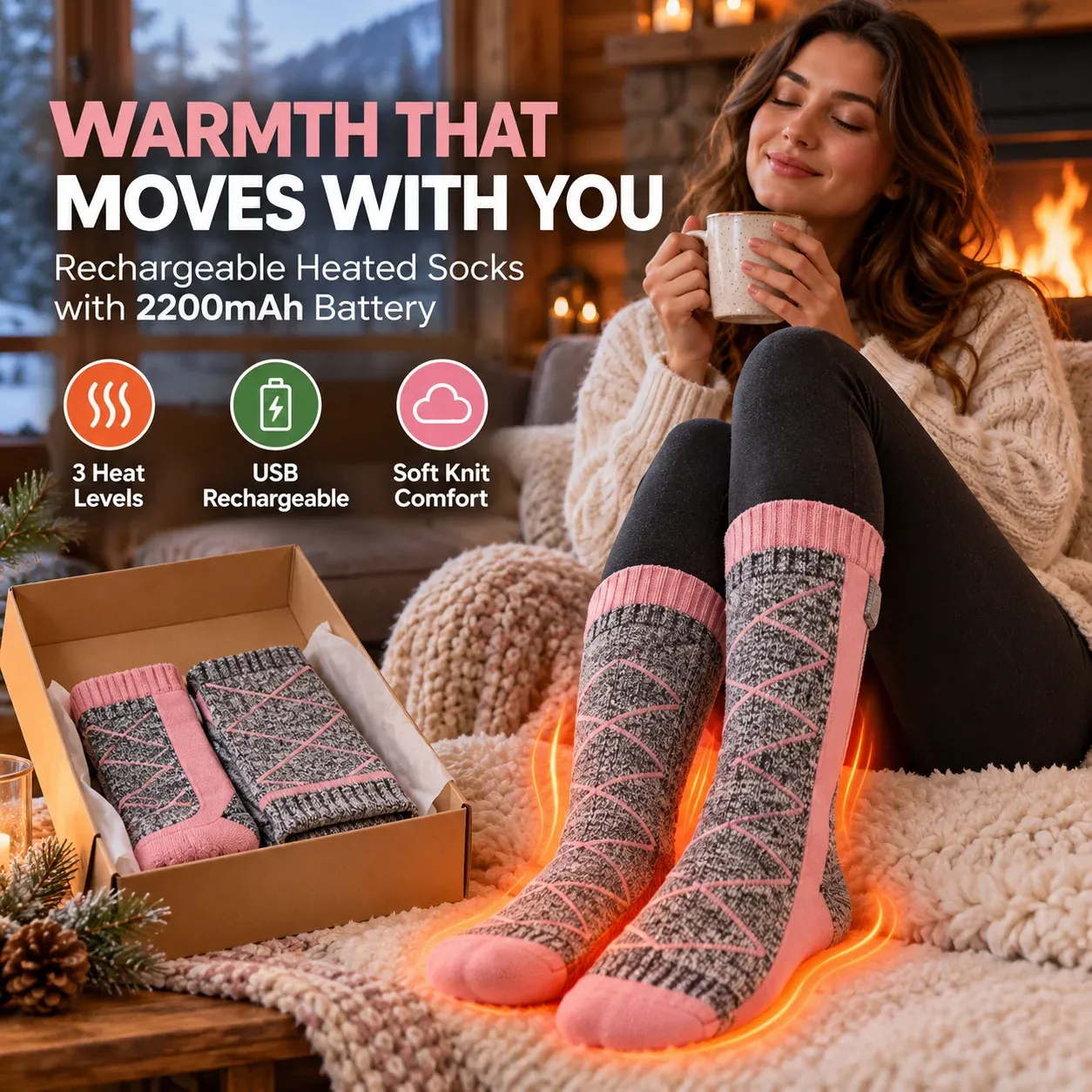 Heated socks with three heat levels and rechargeable batteries
