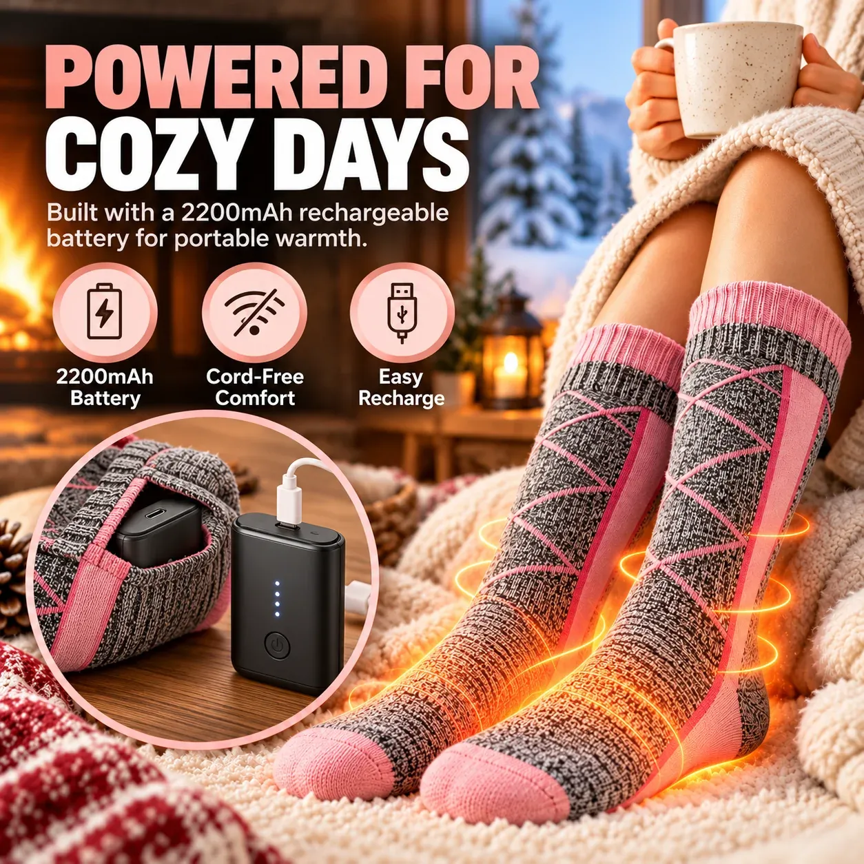 Two 2200mAh rechargeable heated sock batteries and USB charging