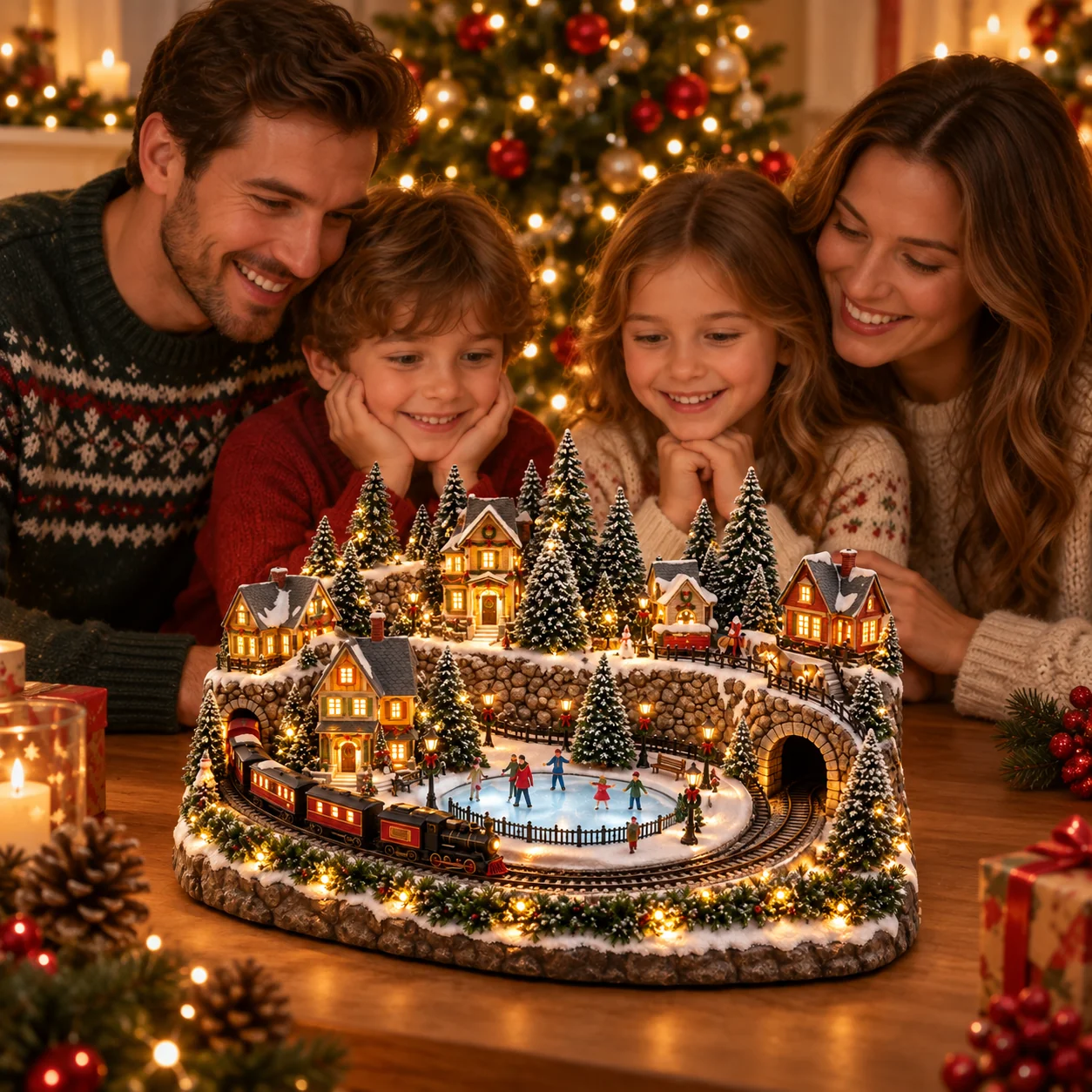 Snowy Christmas Village with ice-skating rink, red train and miniature buildings