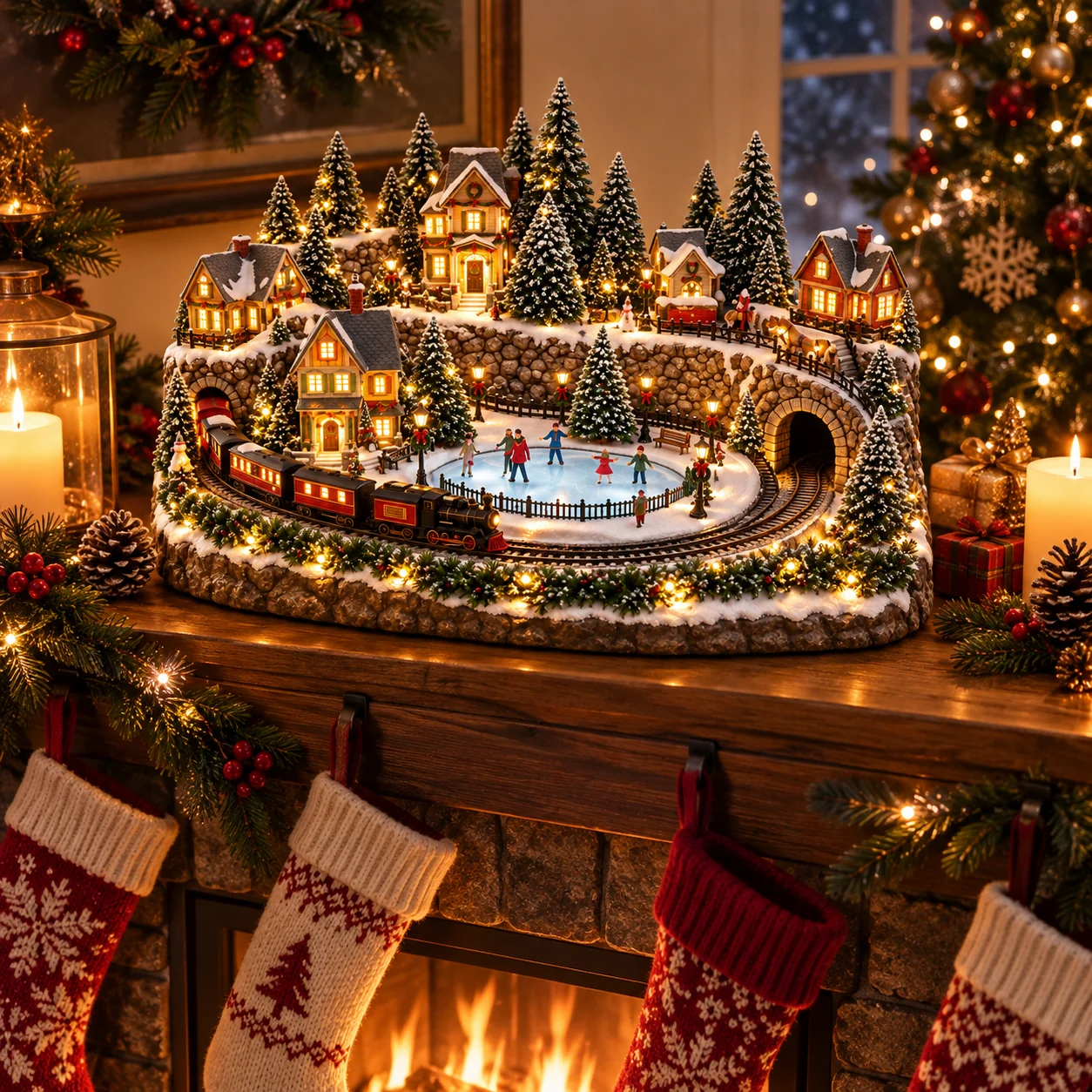 Holiday train and ice rink village on a decorated mantel