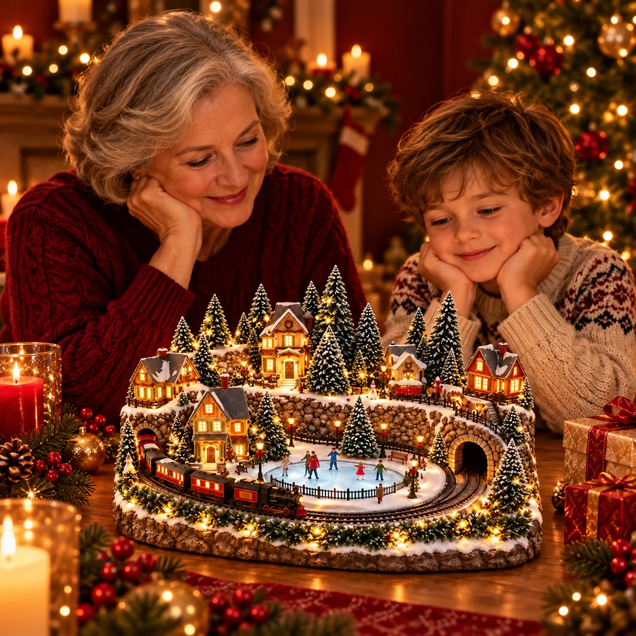 Grandparent and child admiring the holiday train and ice rink village