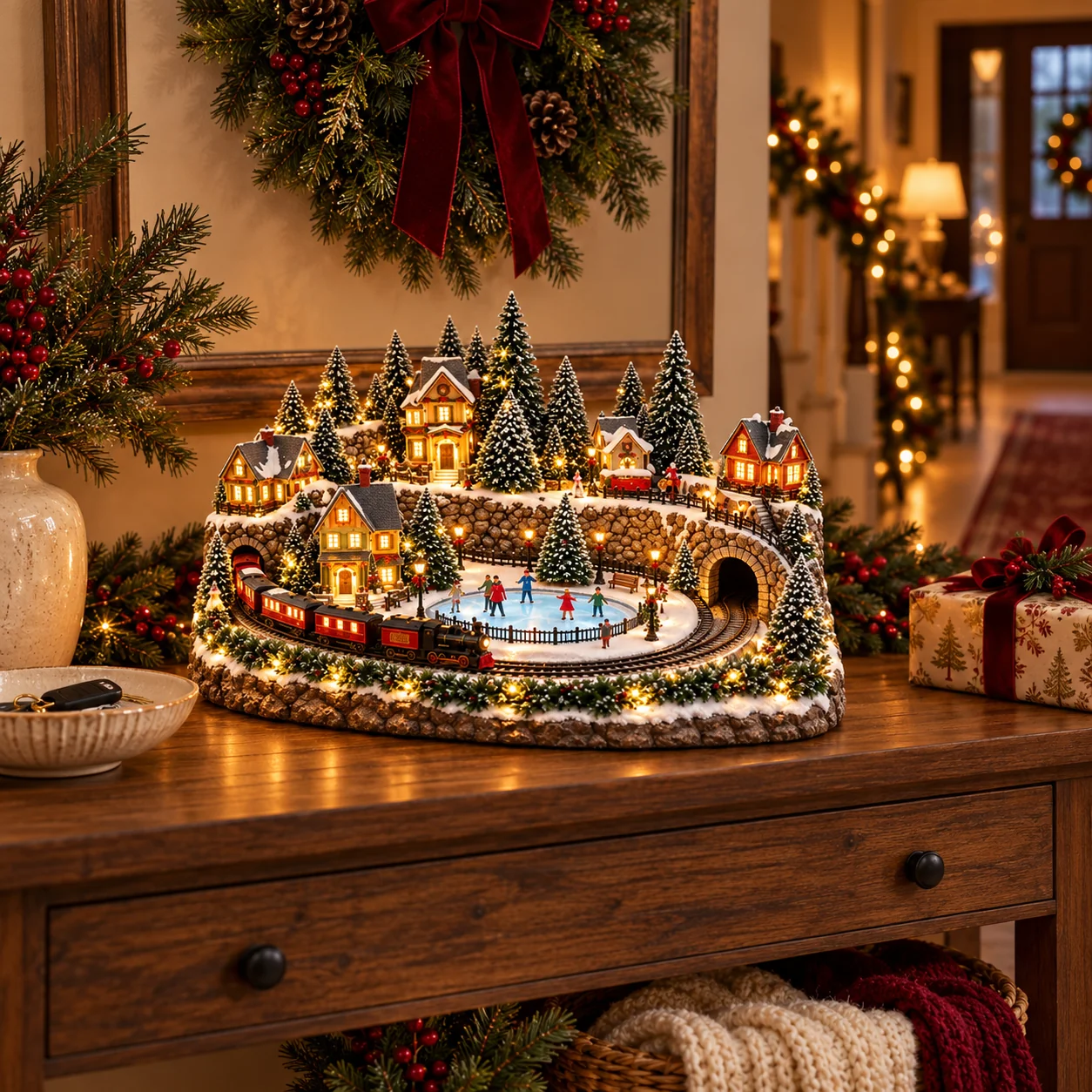 Holiday village on an entryway console beneath a wreath