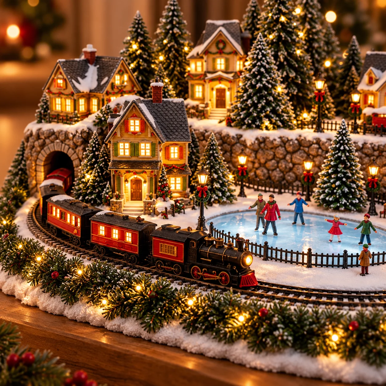 Detailed snowy miniature village with a little red train and warmly glowing houses