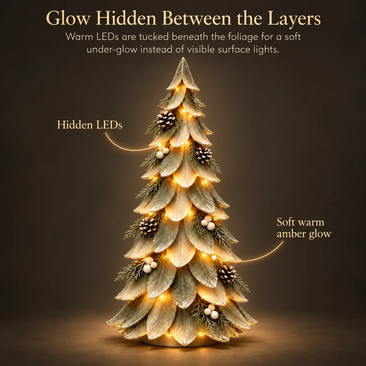 Hidden warm LED lighting inside the Winterleaf Glow Christmas Tree