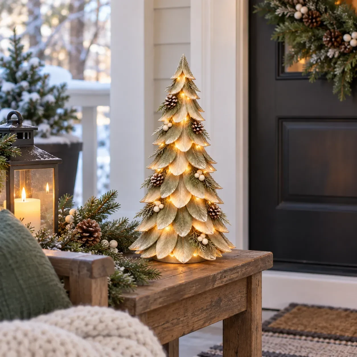 Winterleaf Glow tree styled near a Christmas entryway