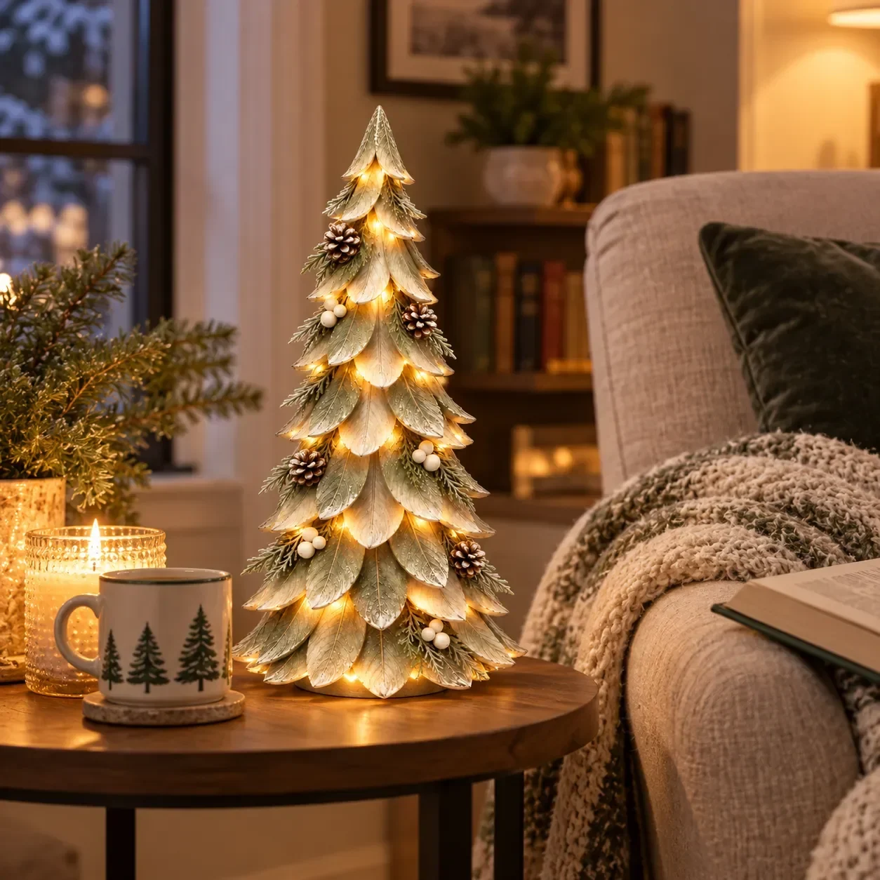 Small glowing Christmas tree on a cozy side table