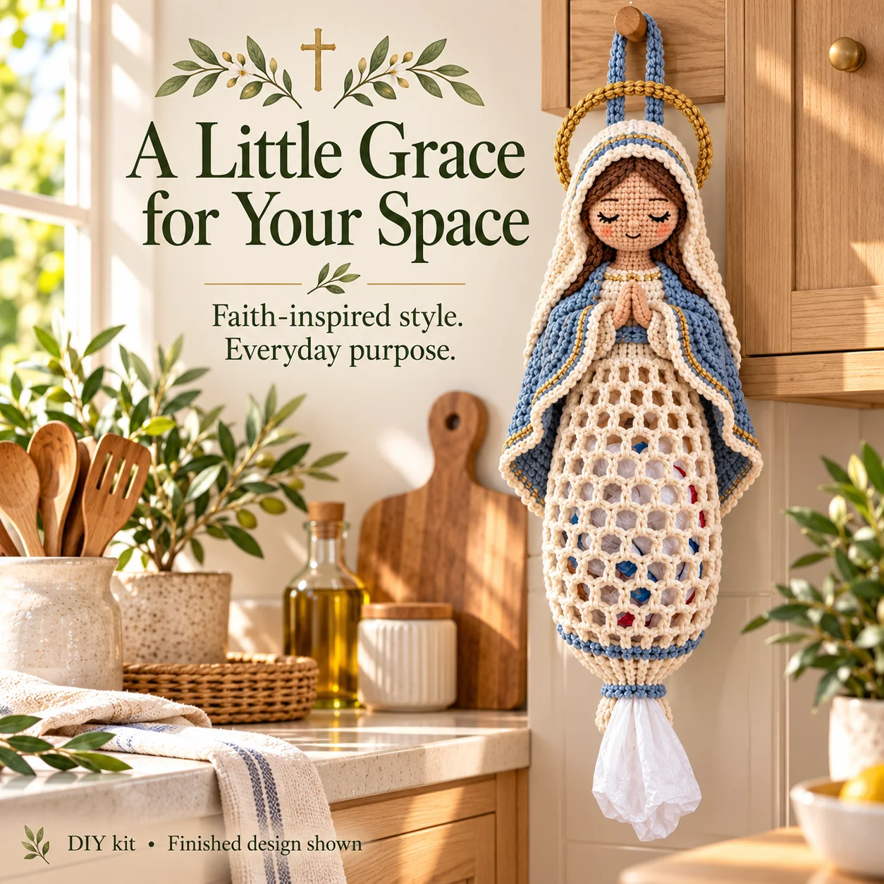 Virgin Mary Christian crochet bag organizer in kitchen