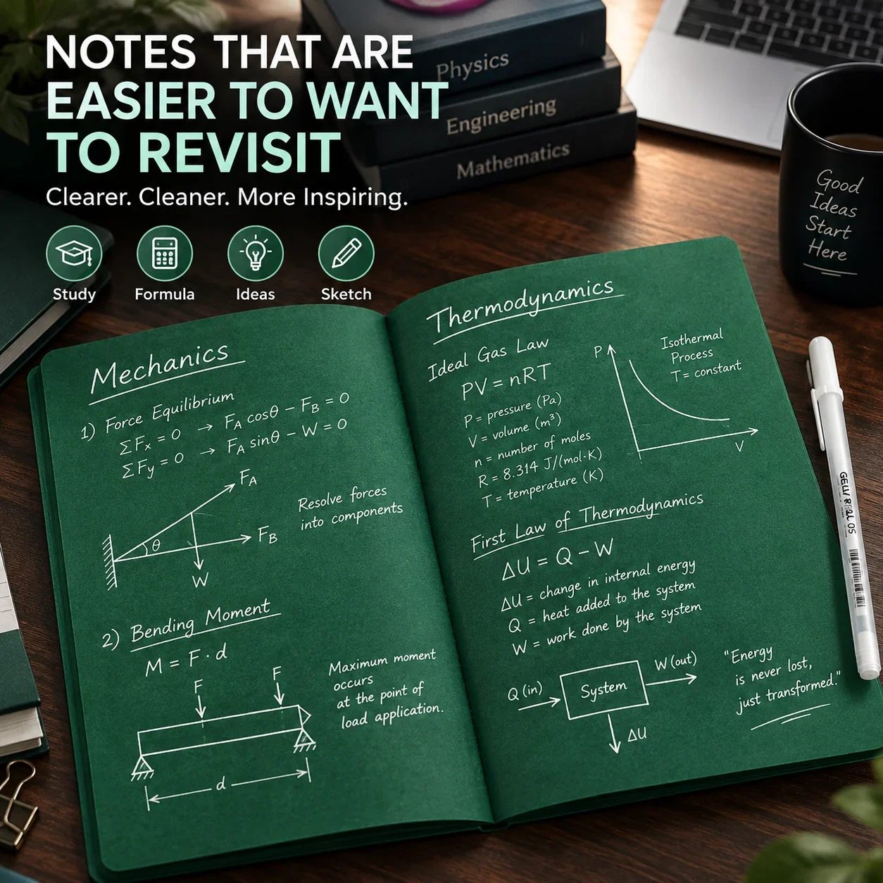 Deep green notebook with white writing and white gel pen