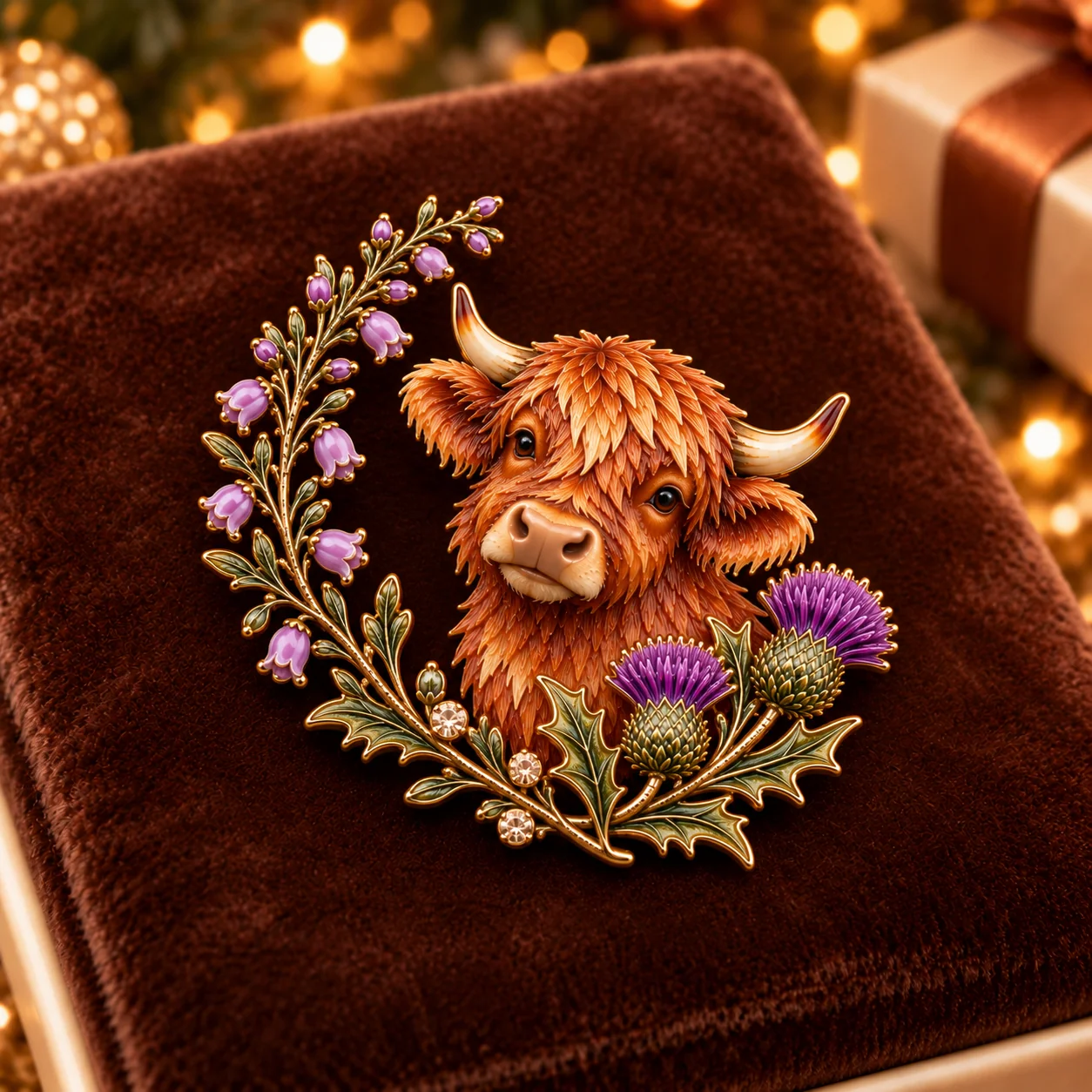 Scottish-inspired Highland cow and thistle brooch displayed against a Highland landscape