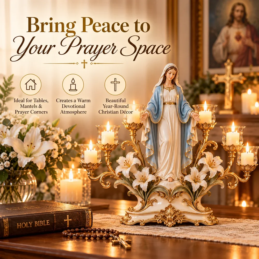 Blessed Mary sacred candleholder display in a prayer space