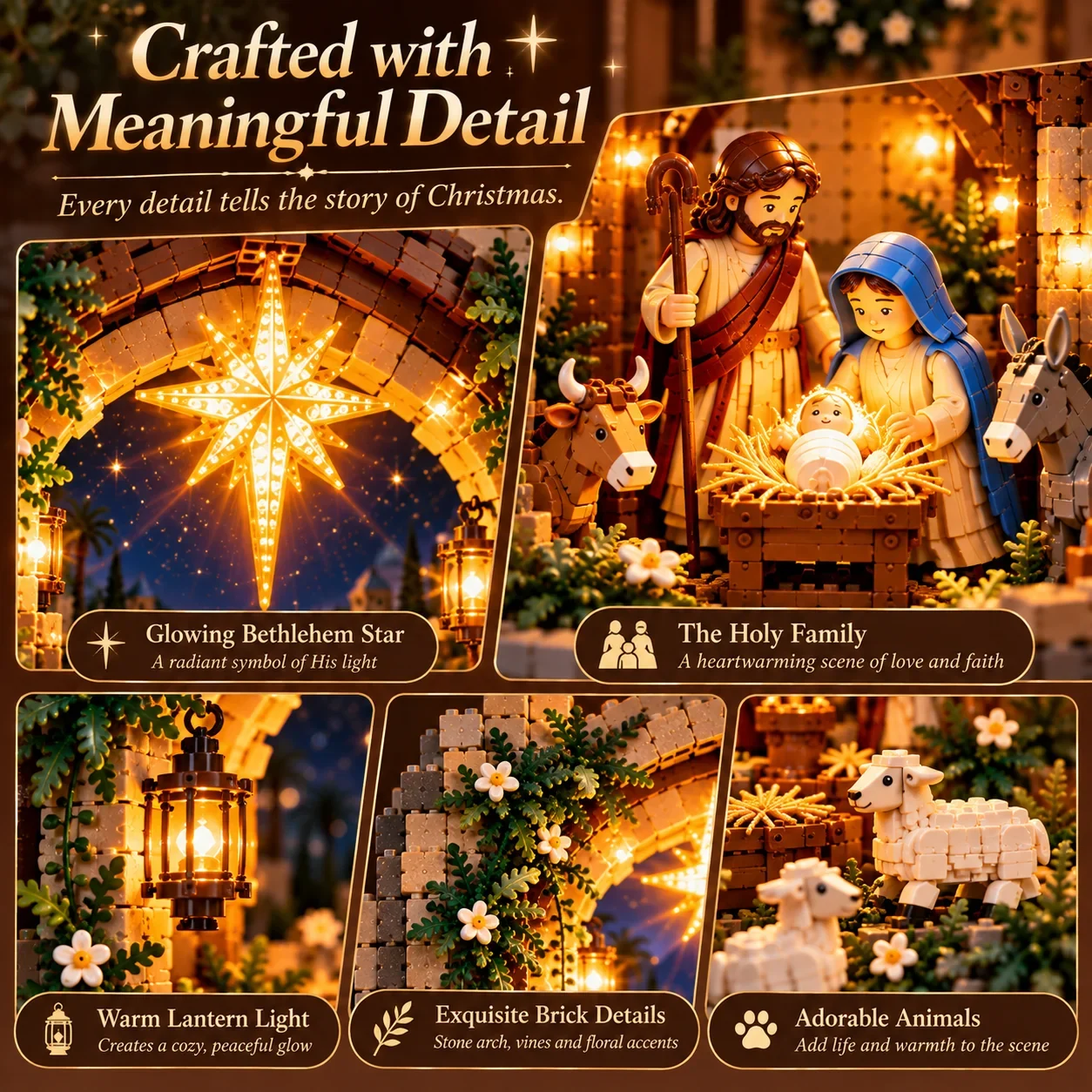 Close-up details of the Bethlehem star Holy Family lanterns greenery and animals