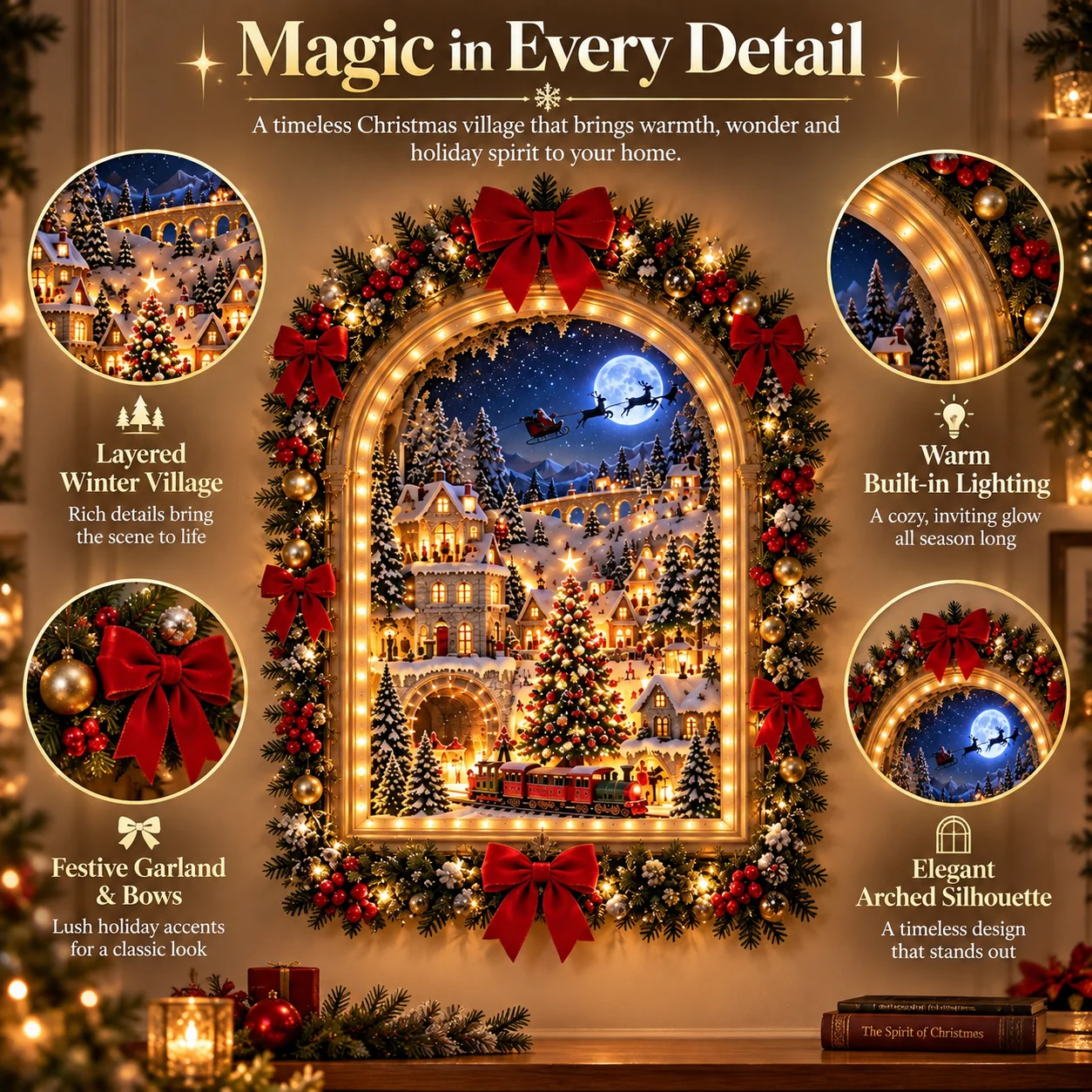 Christmas village wall decoration during the day and at night