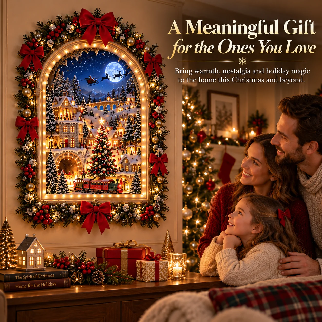 Christmas village window light displayed in different cozy spaces