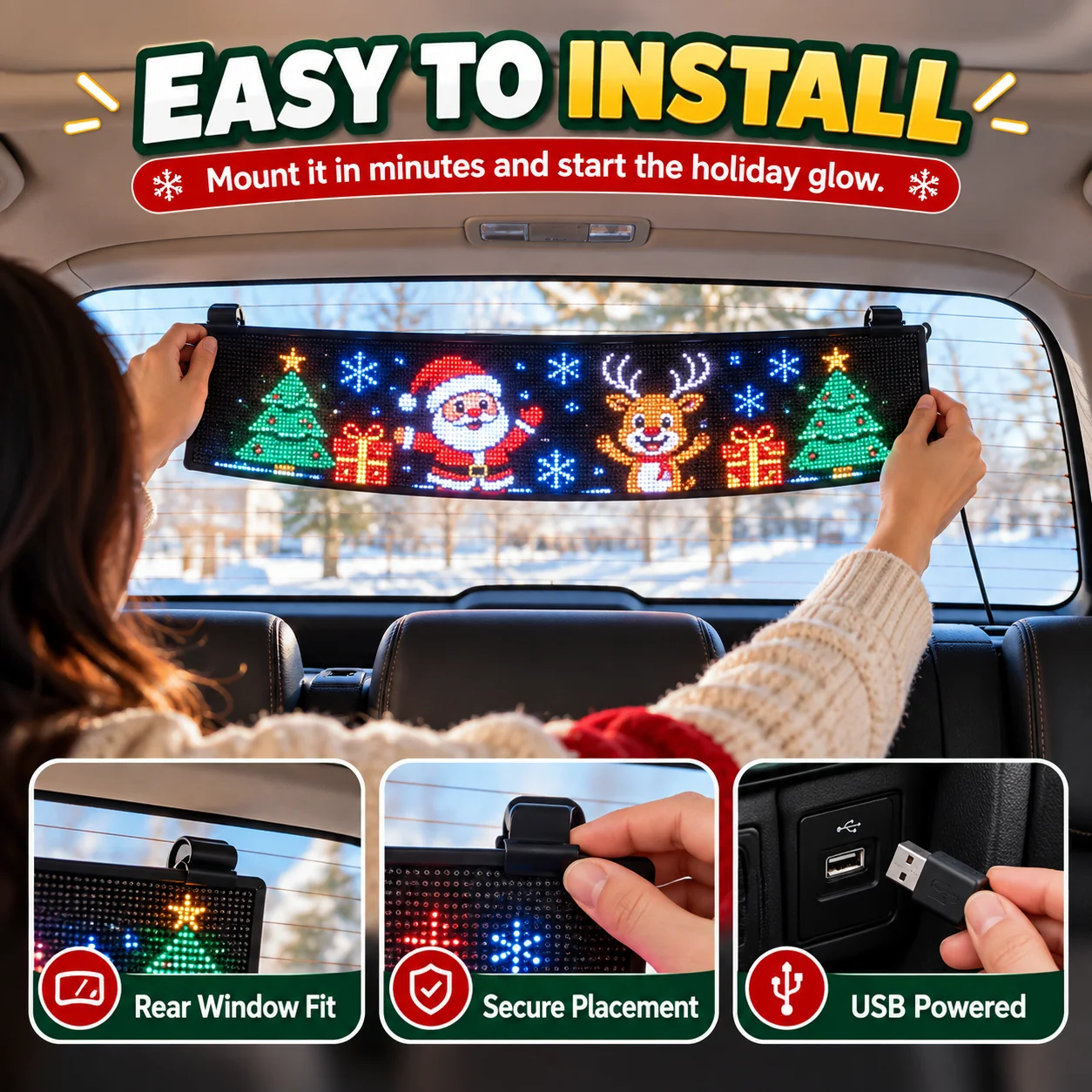 easy install USB powered Christmas rear window LED panel