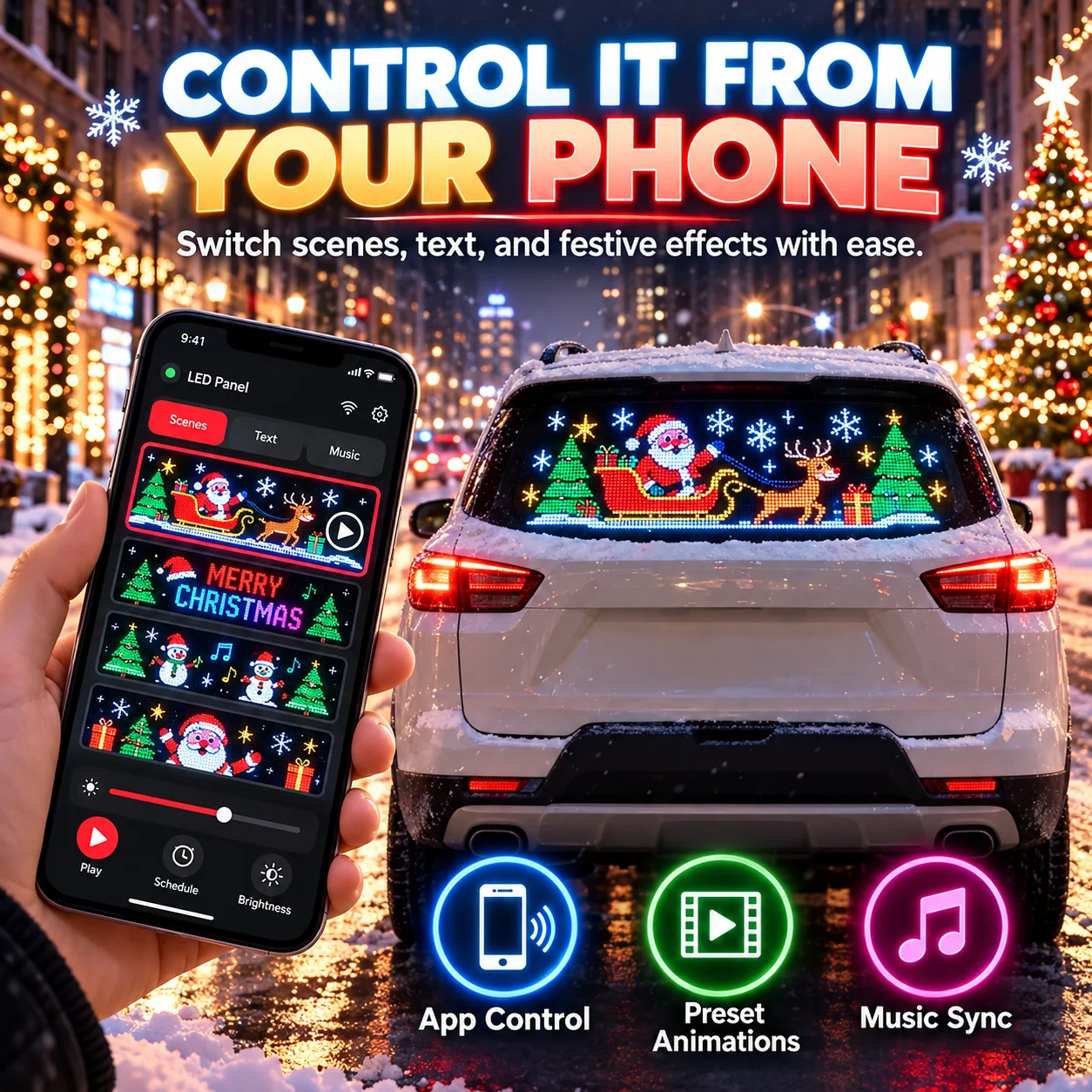 app controlled Christmas LED rear window panel