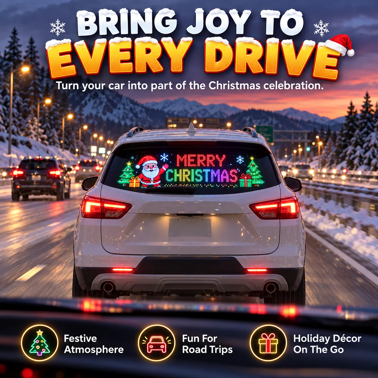 Christmas LED rear window display for holiday road trips