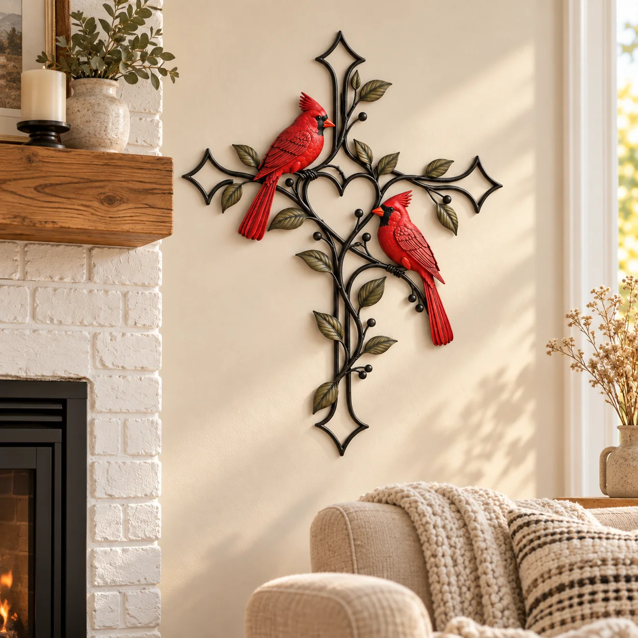 Cardinal Cross displayed near a fireplace