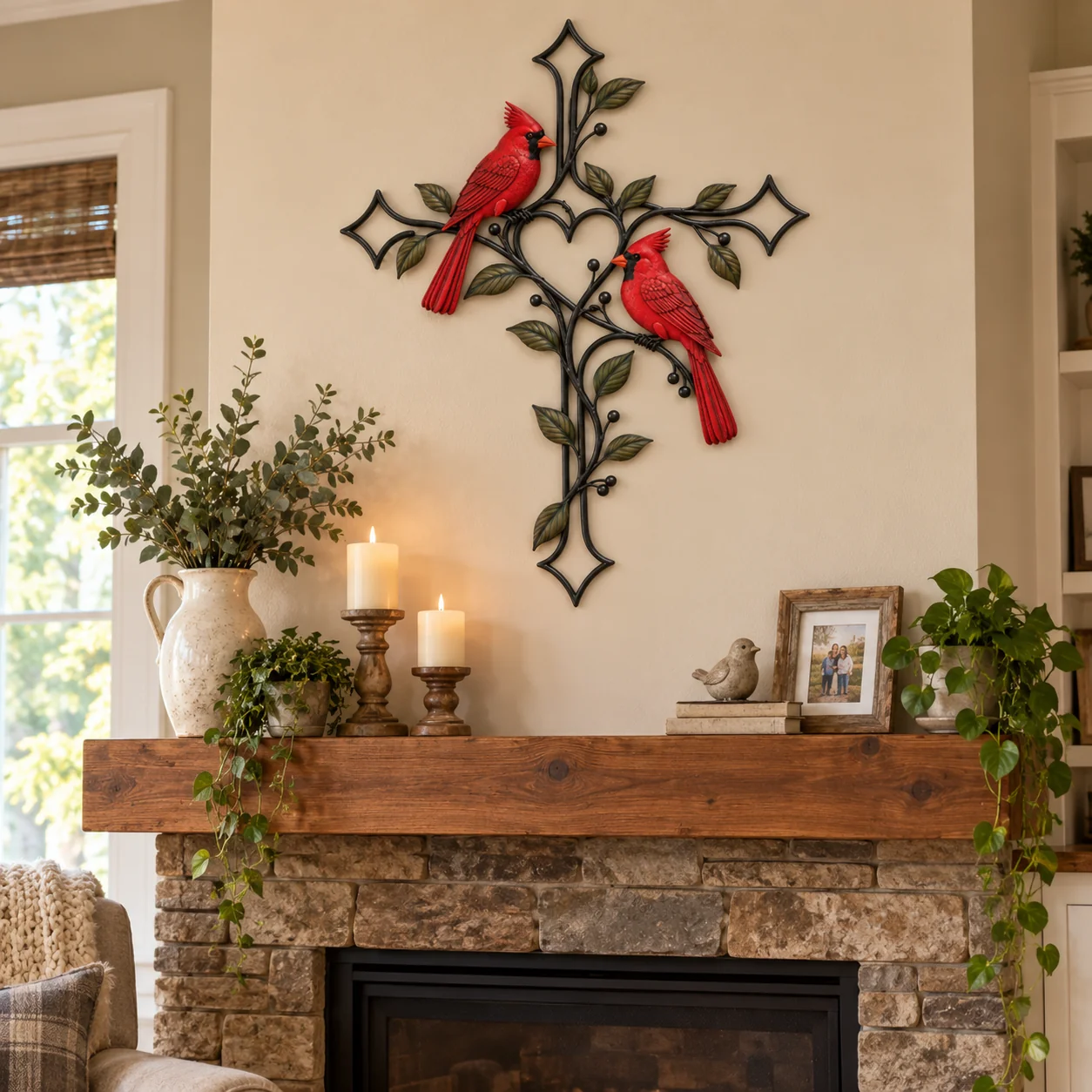 Cardinal Cross over a rustic fireplace