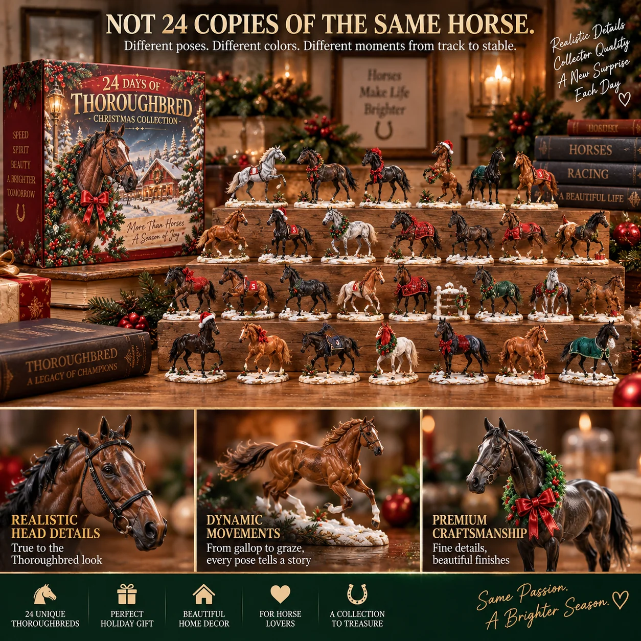 Different Thoroughbred poses and coat colors