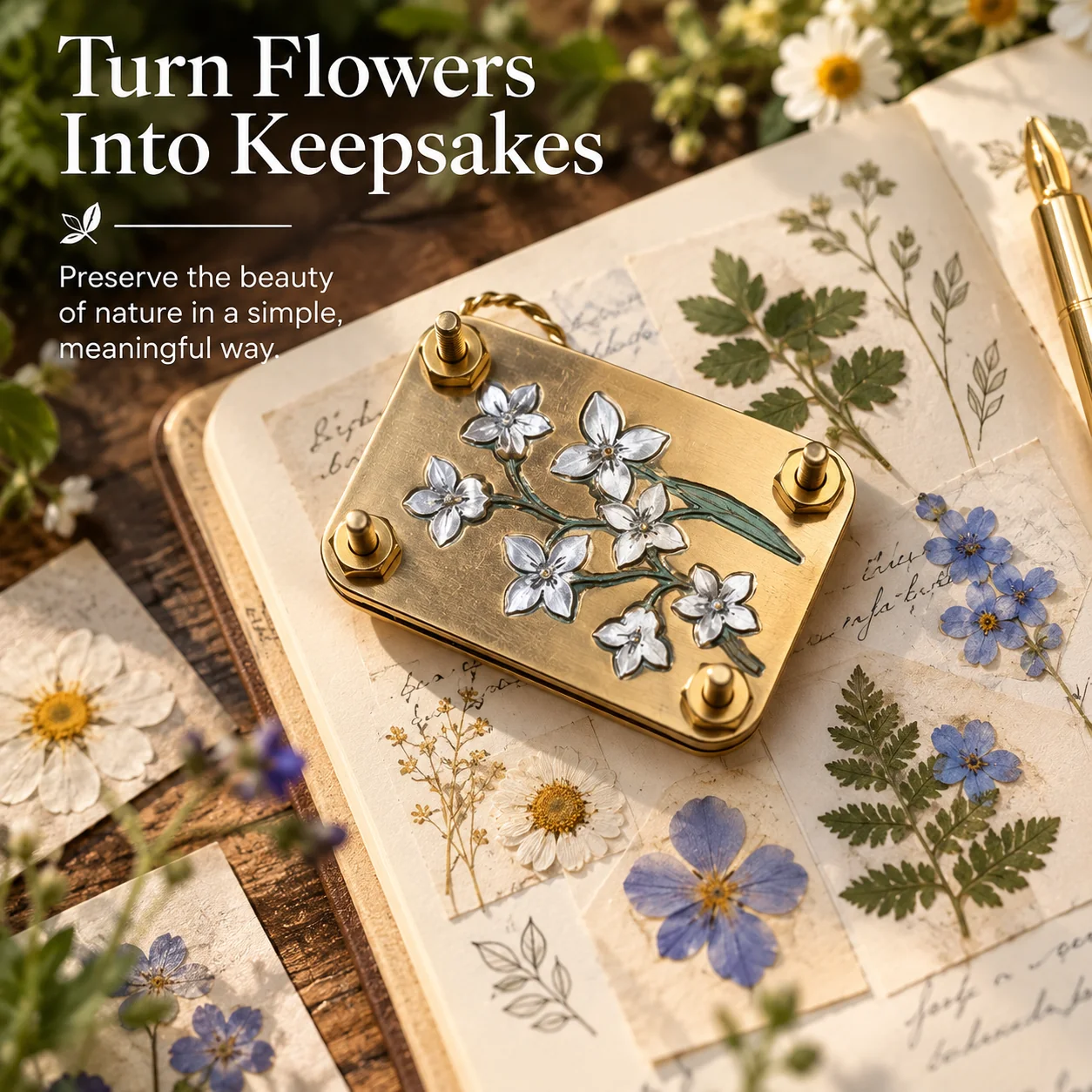 Pressed flowers and botanical keepsakes displayed in a nature inspired journal