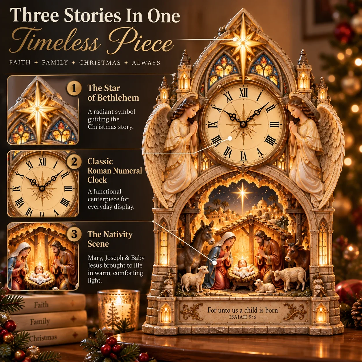 Three design levels of the Bethlehem Nativity clock: star, clock, and Nativity scene