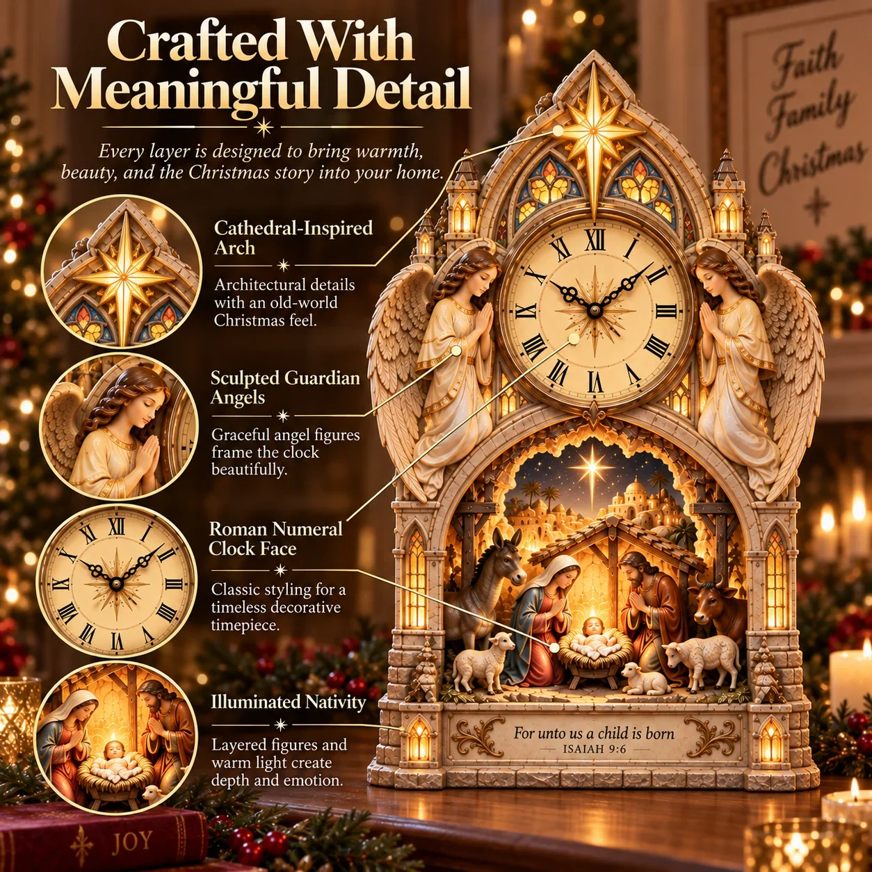 Design details of the Nativity clock with pointed arches, angels, and stained-glass-style accents
