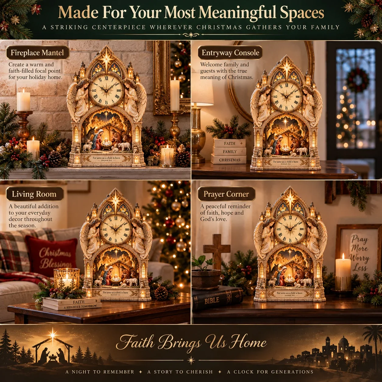 Display ideas for the Bethlehem Nativity clock on a mantel, console table, and in Christmas-decorated rooms