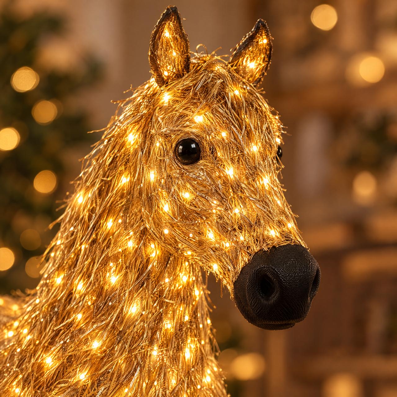Close-up of warm white LED lights on horse Christmas decoration