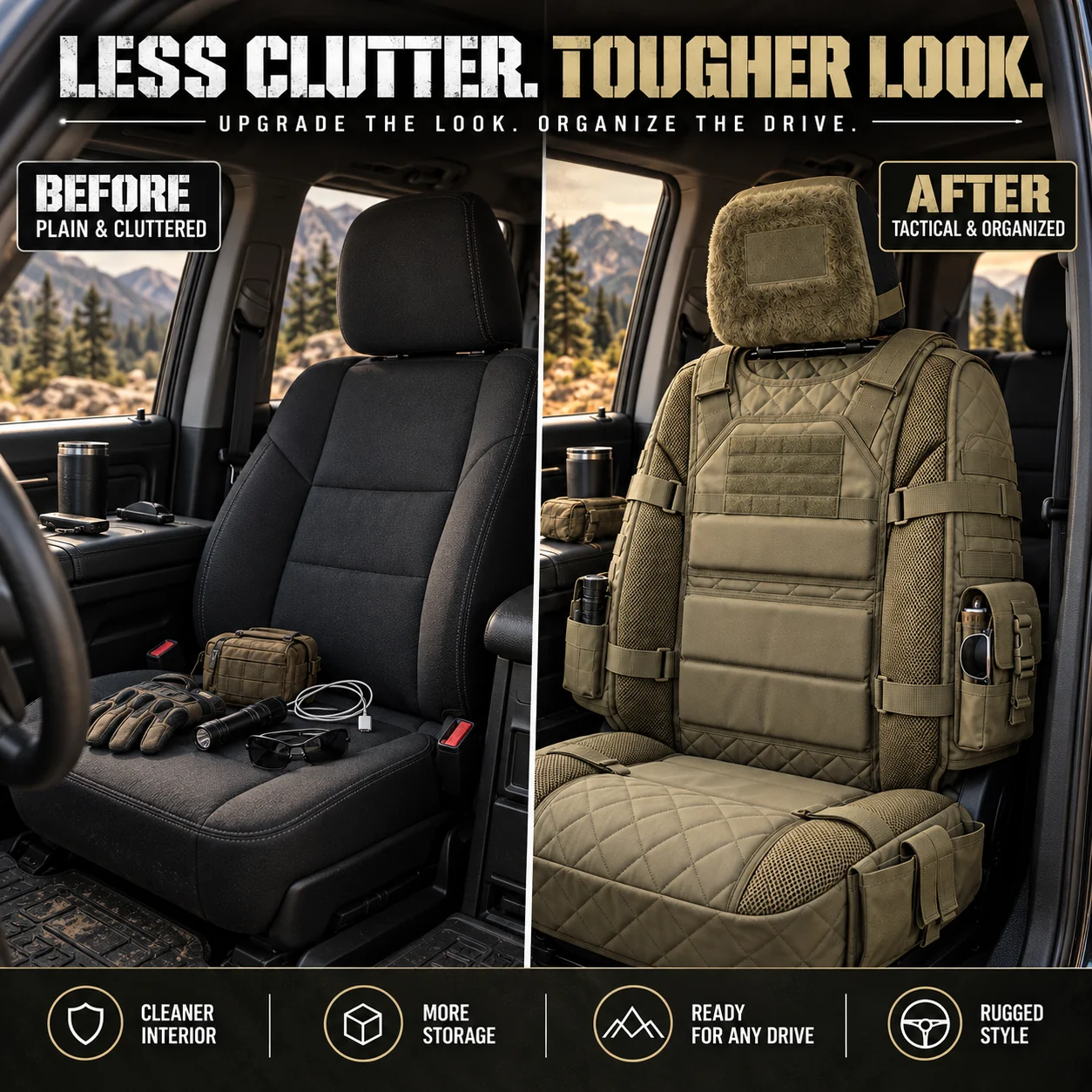 Pickup interior before and after organization
