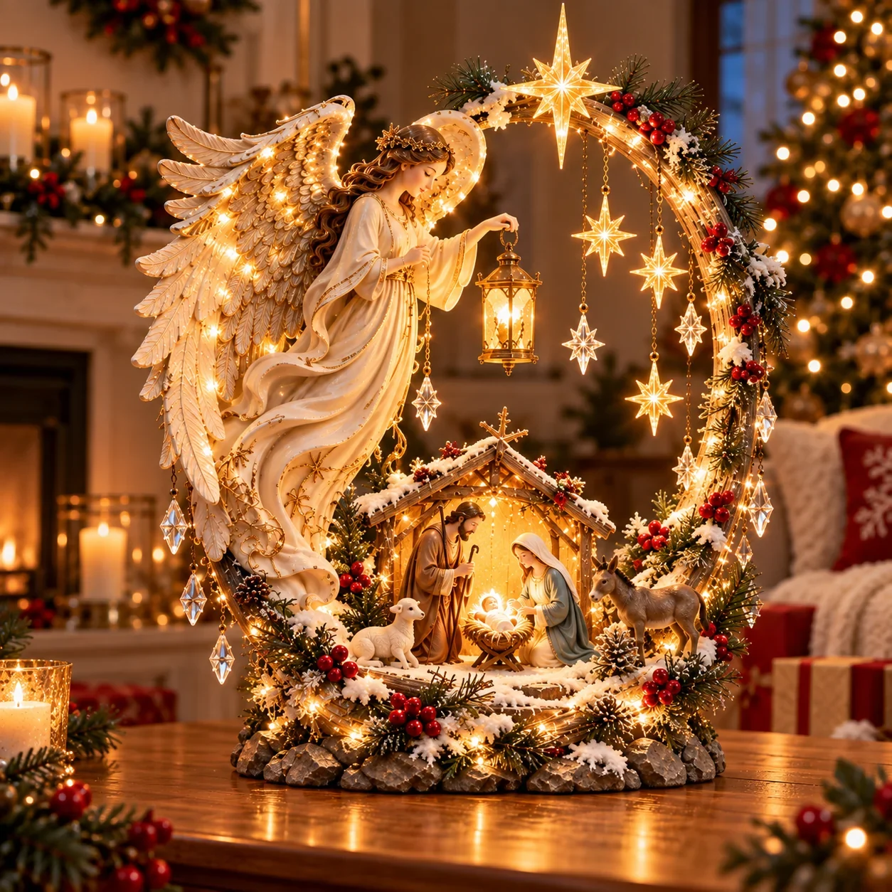 Light From Heaven Christmas decor with lit angel, Star of Bethlehem and nativity