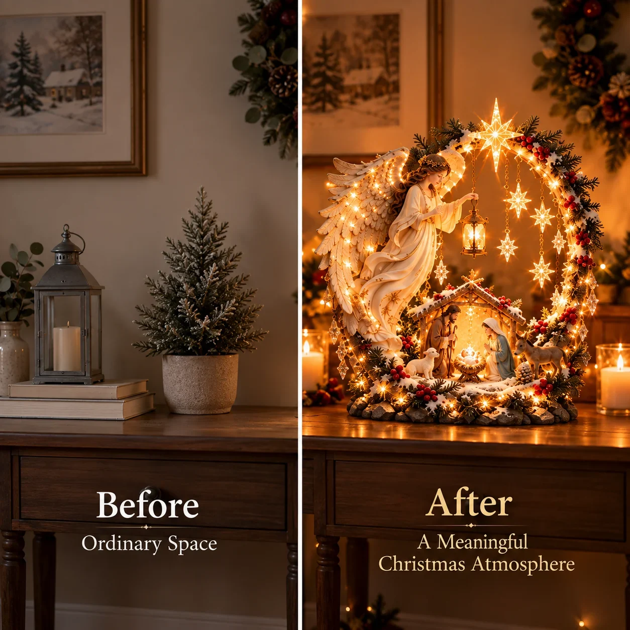 Before and after: An ordinary sideboard transformed into a warm Christmas display with lit angel and nativity