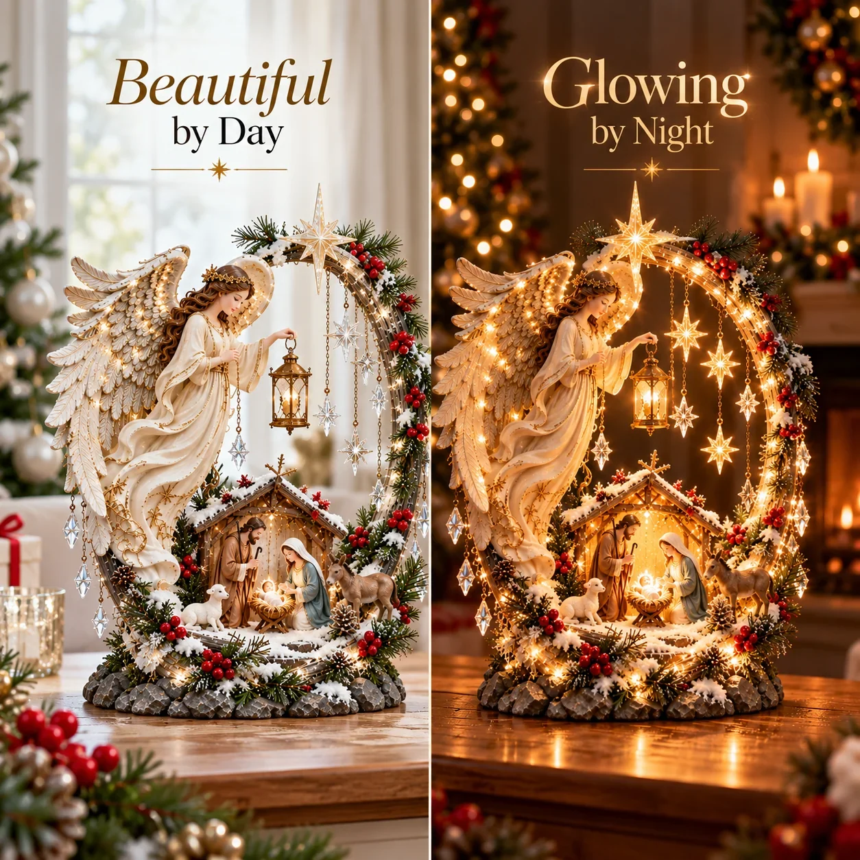 Comparison of Christmas decor in daylight and with warm lights at night
