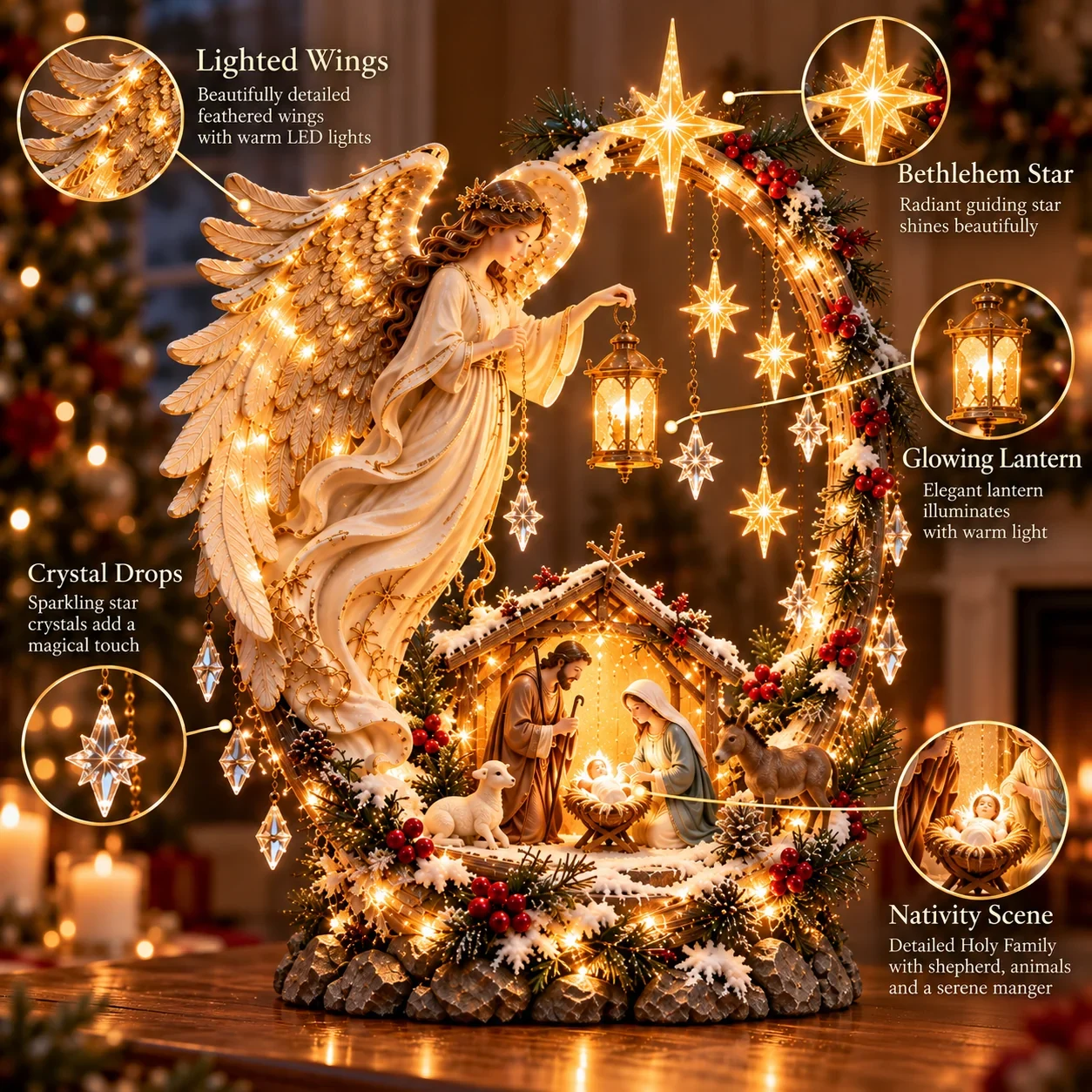 Detailed closeup of lit wings, Star of Bethlehem, lantern, crystal stars and nativity manger