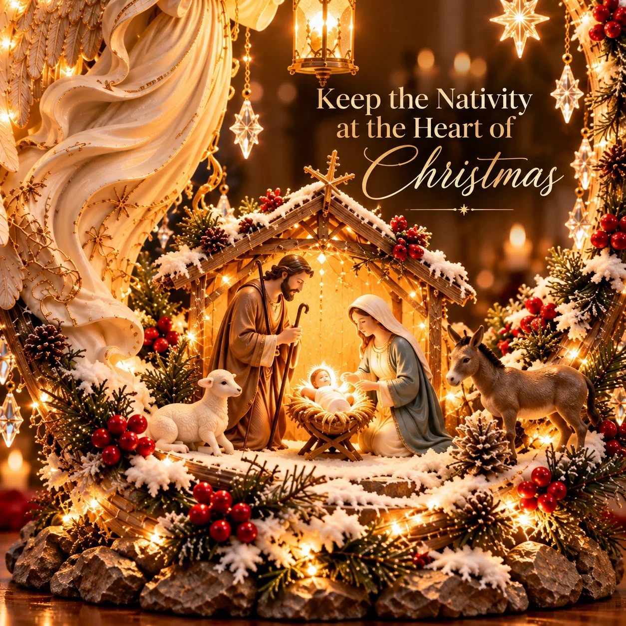 Close-up of Mary, Joseph and baby Jesus in the lit nativity with lamb and donkey